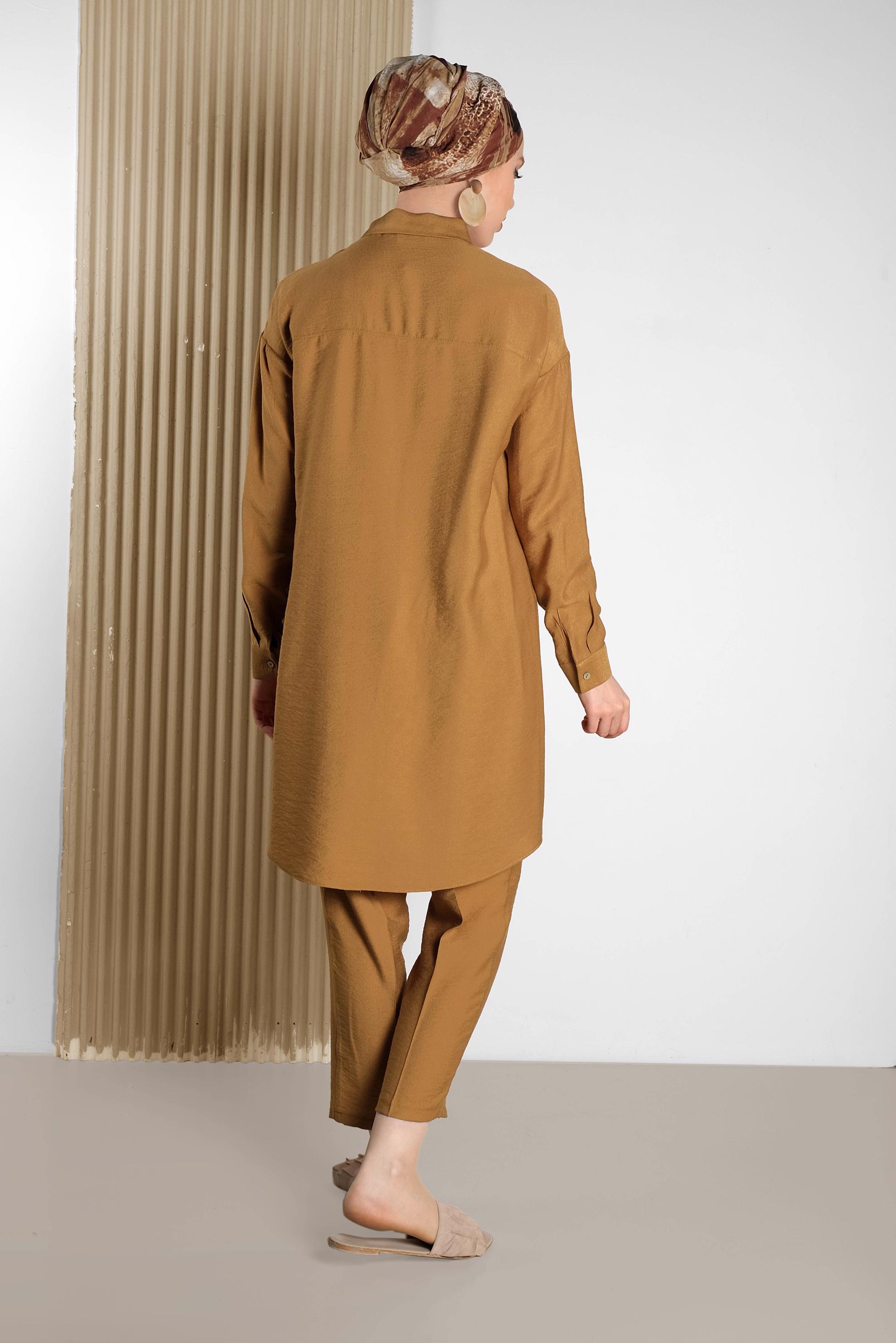 Tesettür giyim SARI DÜĞMELİ ERKEK YAKA İKİLİ PANTOLONLU TAKIM 4487