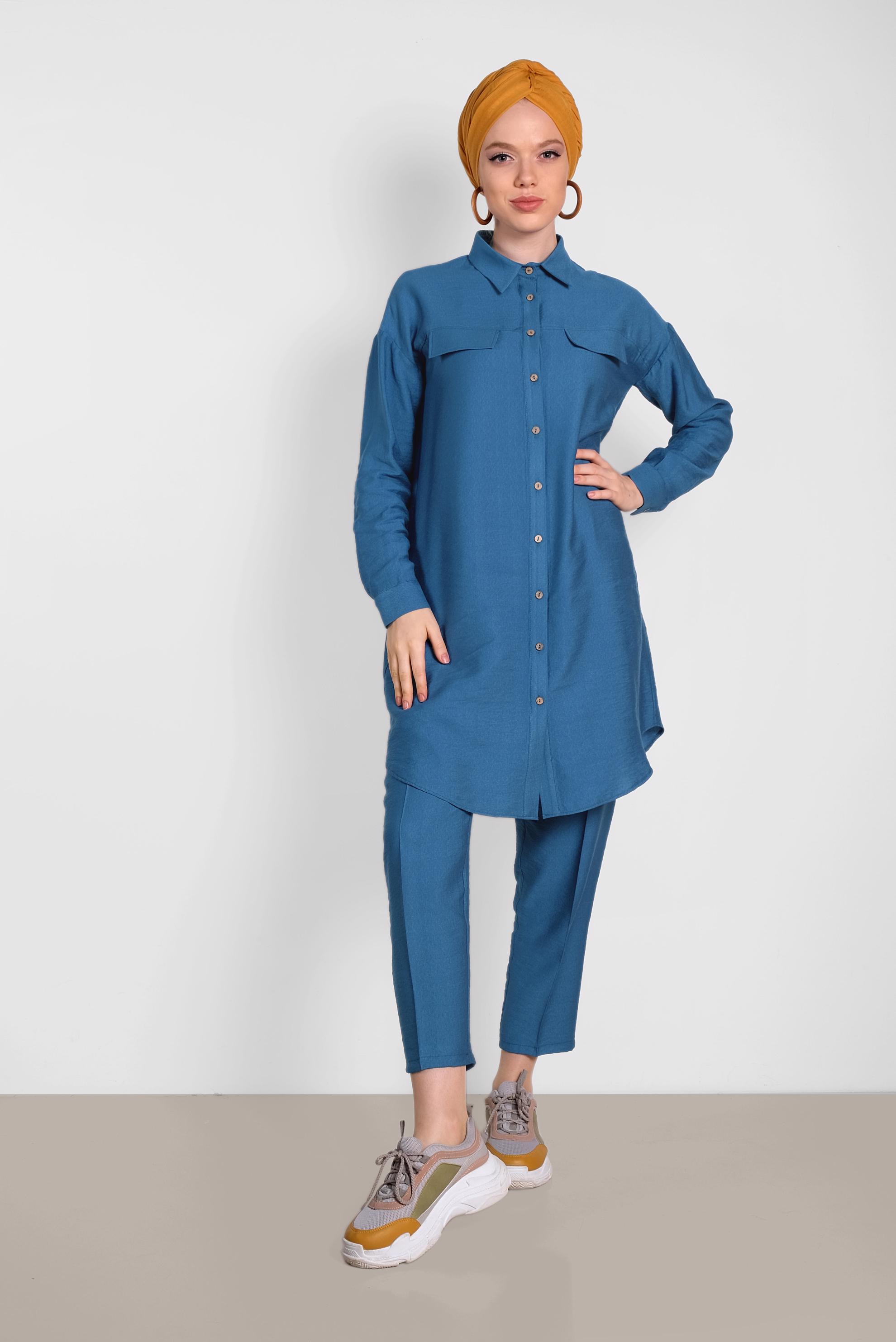 Tesettür giyim LACİVERT DÜĞMELİ ERKEK YAKA İKİLİ PANTOLONLU TAKIM 4487