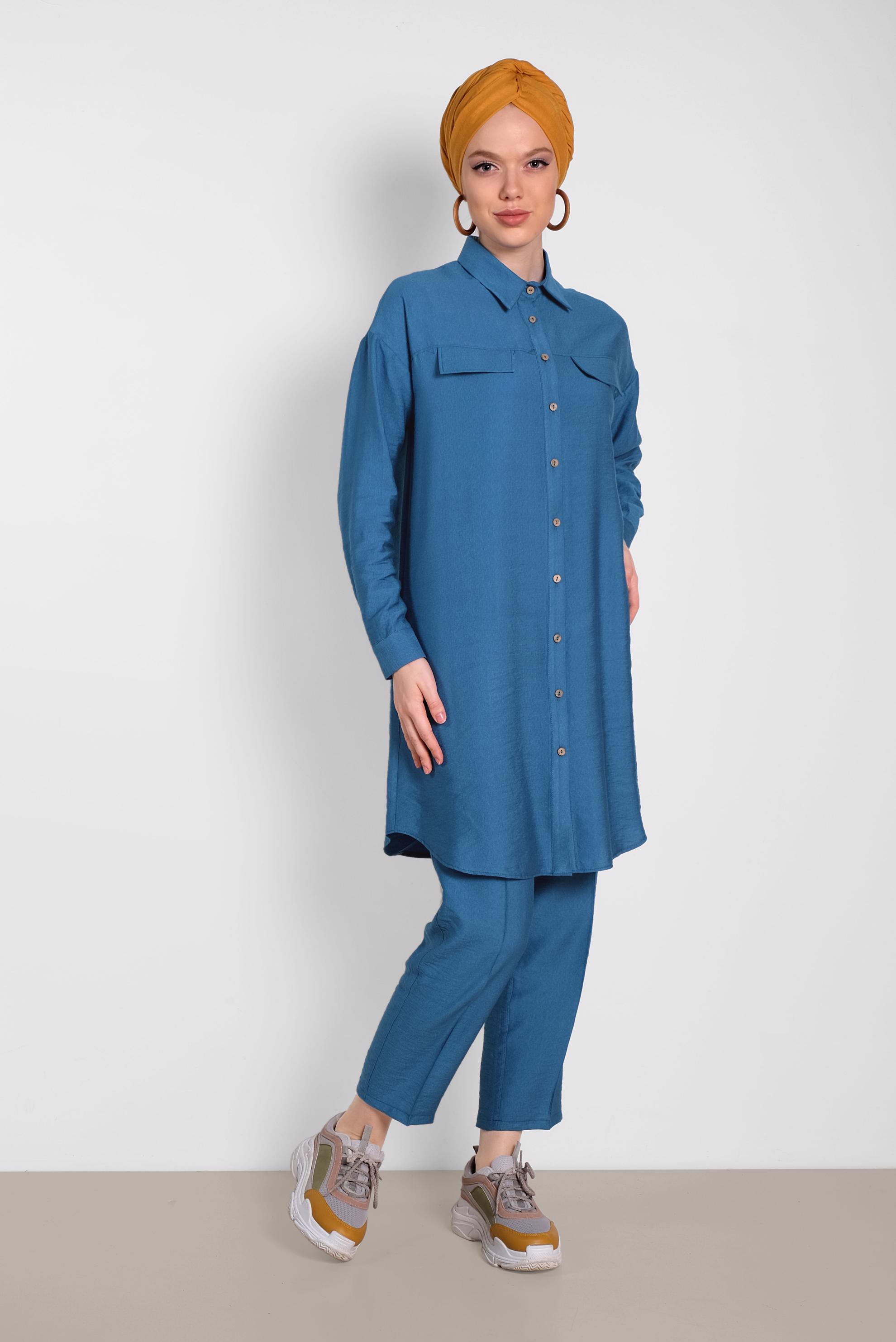 Tesettür giyim LACİVERT DÜĞMELİ ERKEK YAKA İKİLİ PANTOLONLU TAKIM 4487