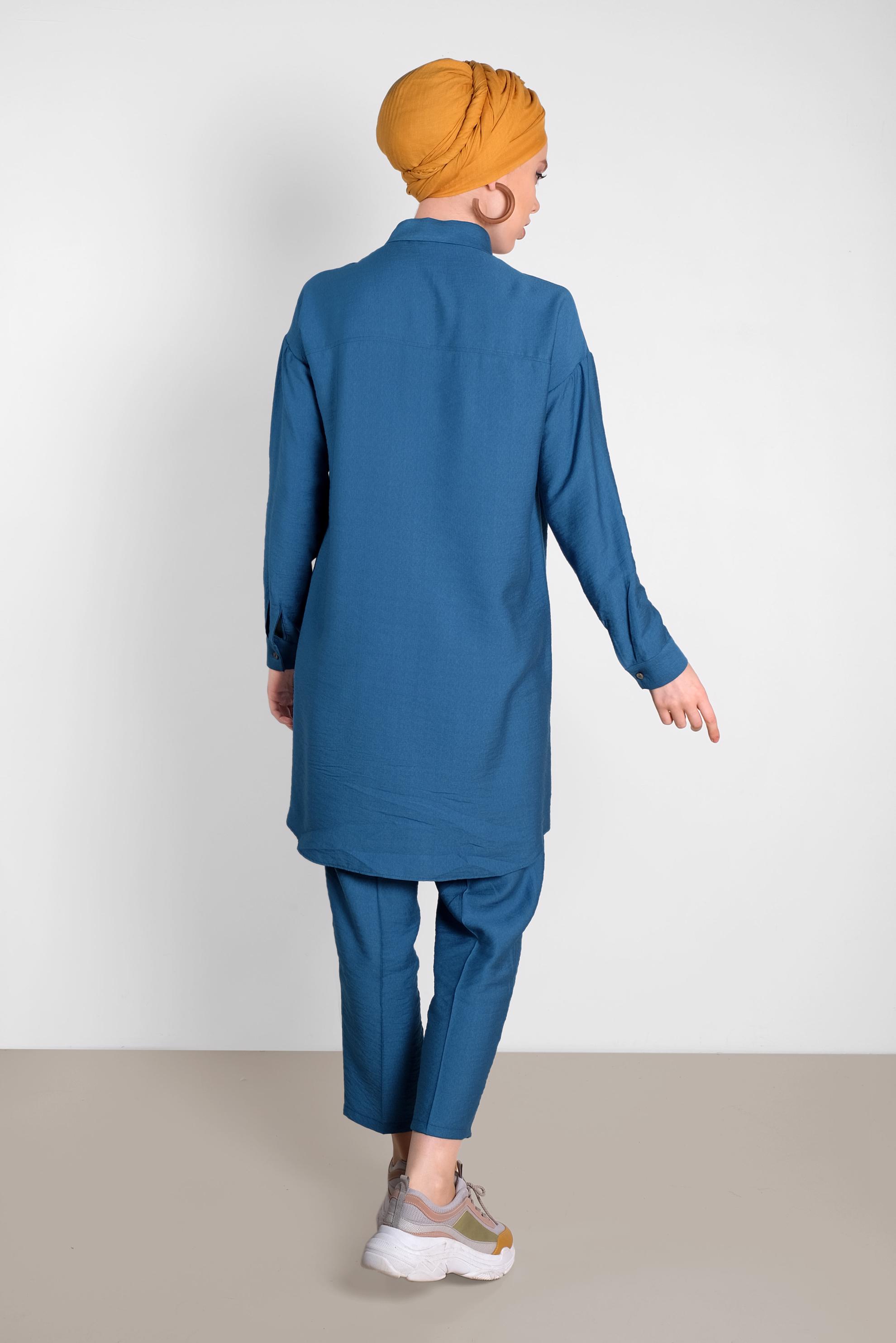 Tesettür giyim LACİVERT DÜĞMELİ ERKEK YAKA İKİLİ PANTOLONLU TAKIM 4487