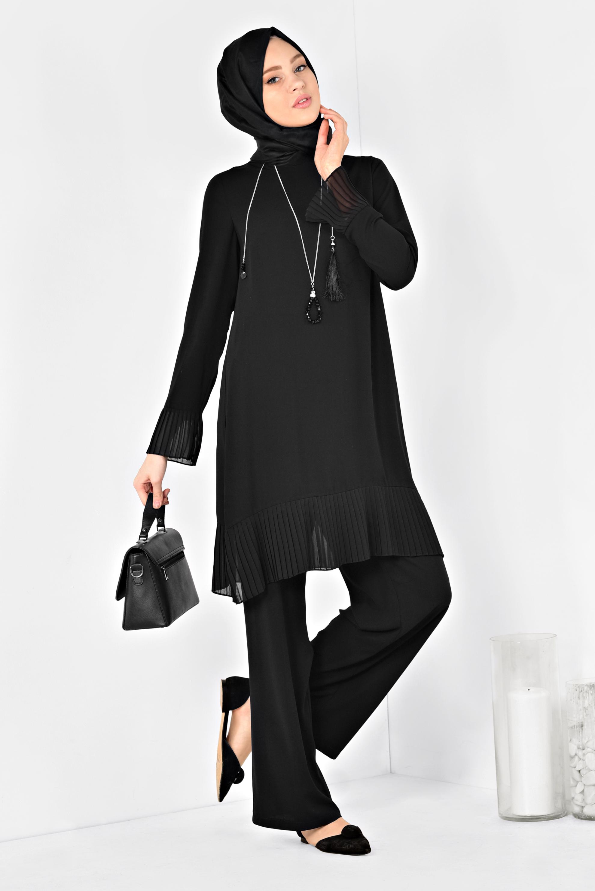 Tesettür giyim SİYAH PİLİSE DETAYLI İKİLİ PANTOLONLU TAKIM 4920