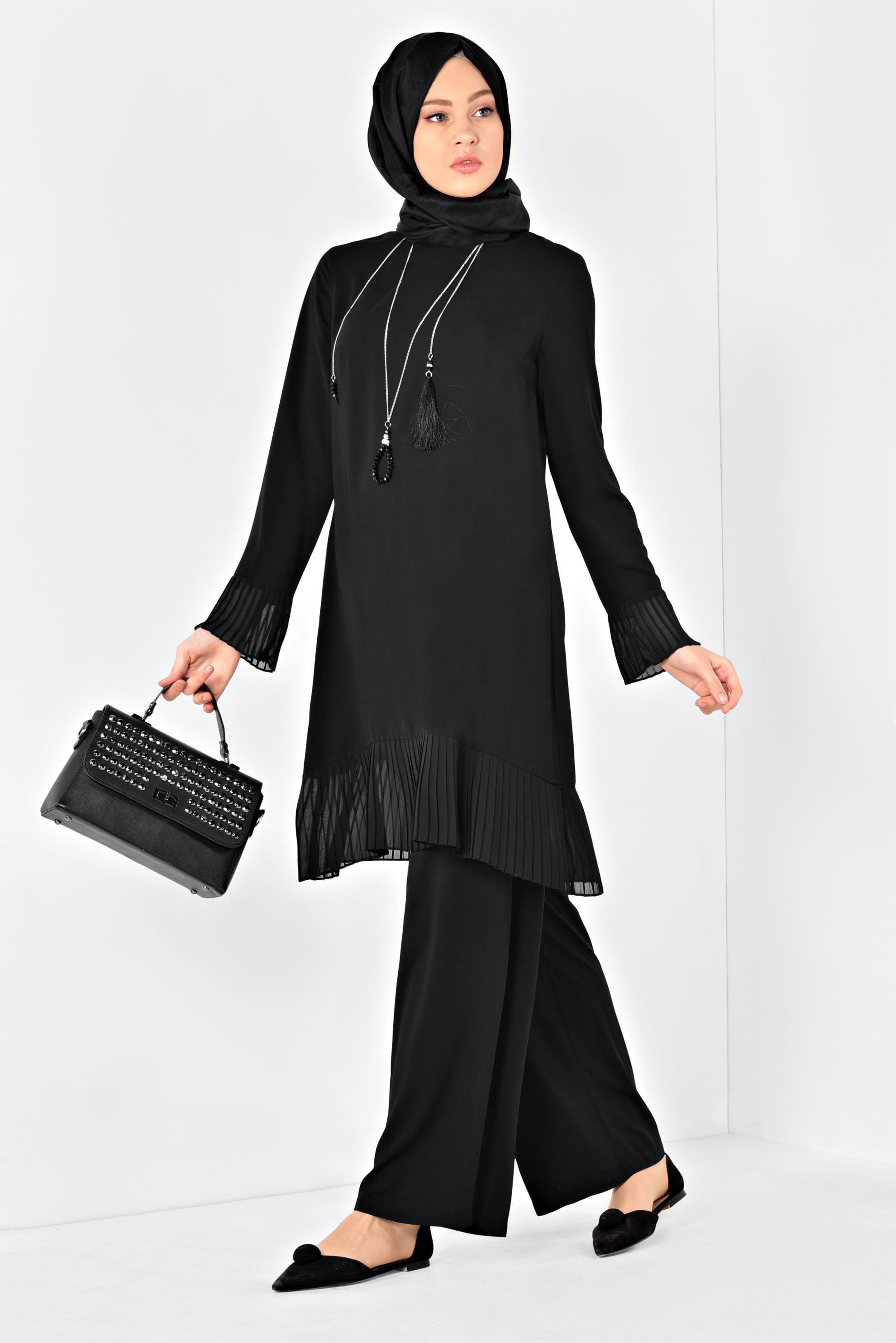Tesettür giyim SİYAH PİLİSE DETAYLI İKİLİ PANTOLONLU TAKIM 4920