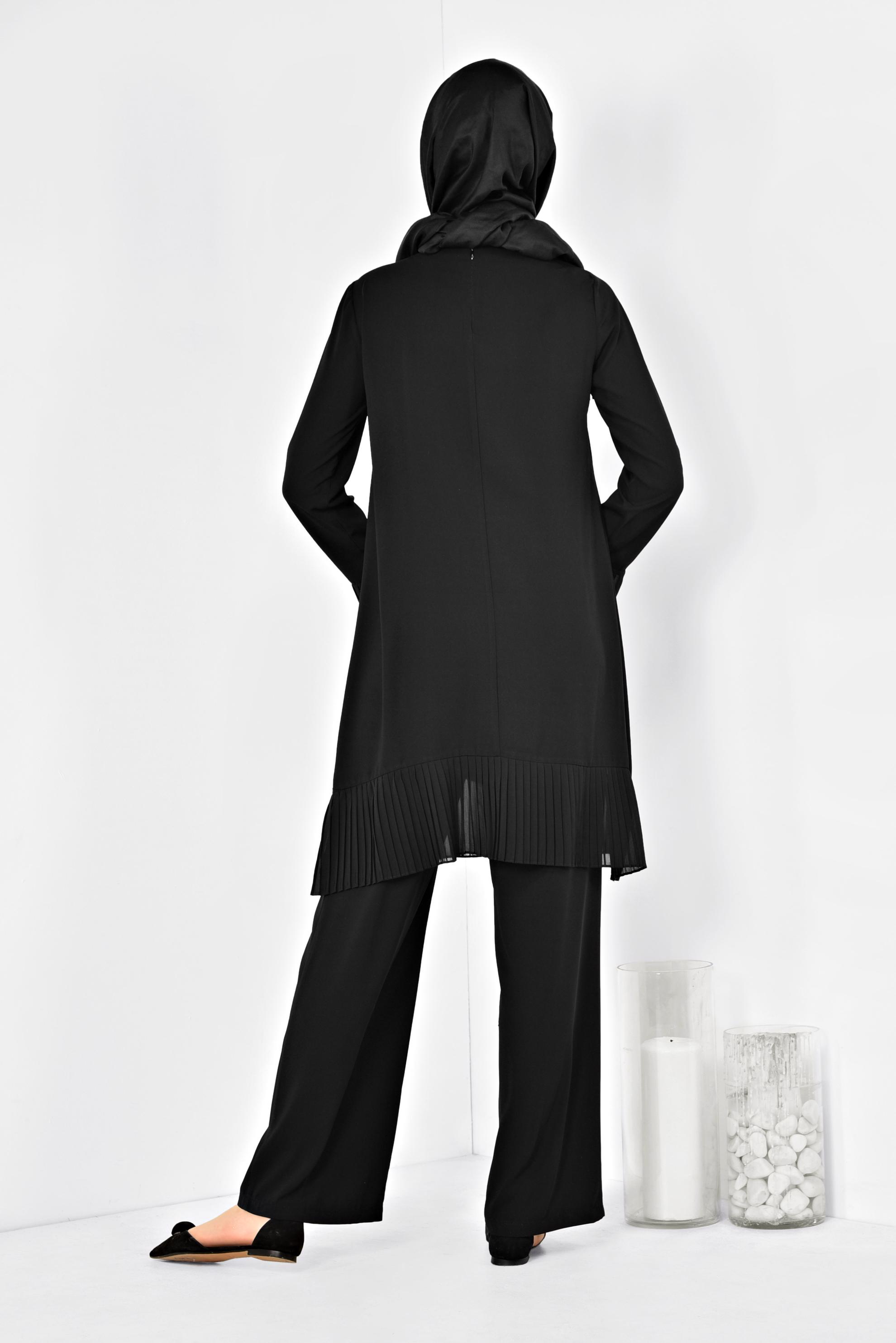 Tesettür giyim SİYAH PİLİSE DETAYLI İKİLİ PANTOLONLU TAKIM 4920