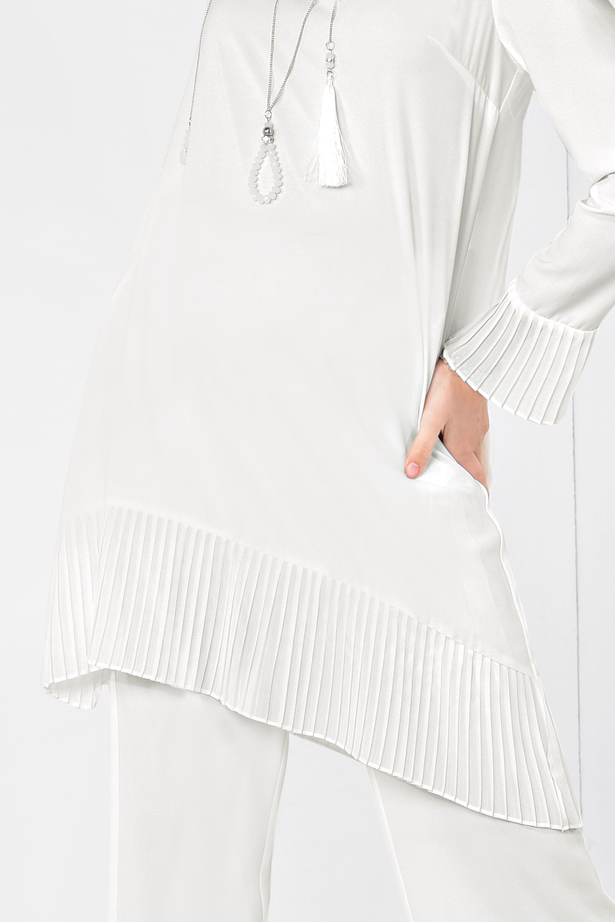 Tesettür giyim BEYAZ PİLİSE DETAYLI İKİLİ PANTOLONLU TAKIM 4920