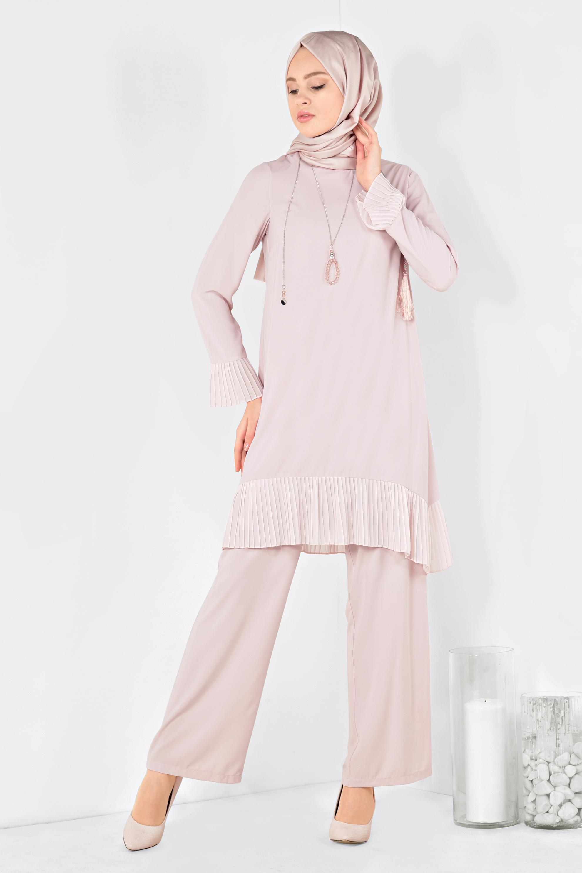 Tesettür giyim PUDRA PİLİSE DETAYLI İKİLİ PANTOLONLU TAKIM 4920