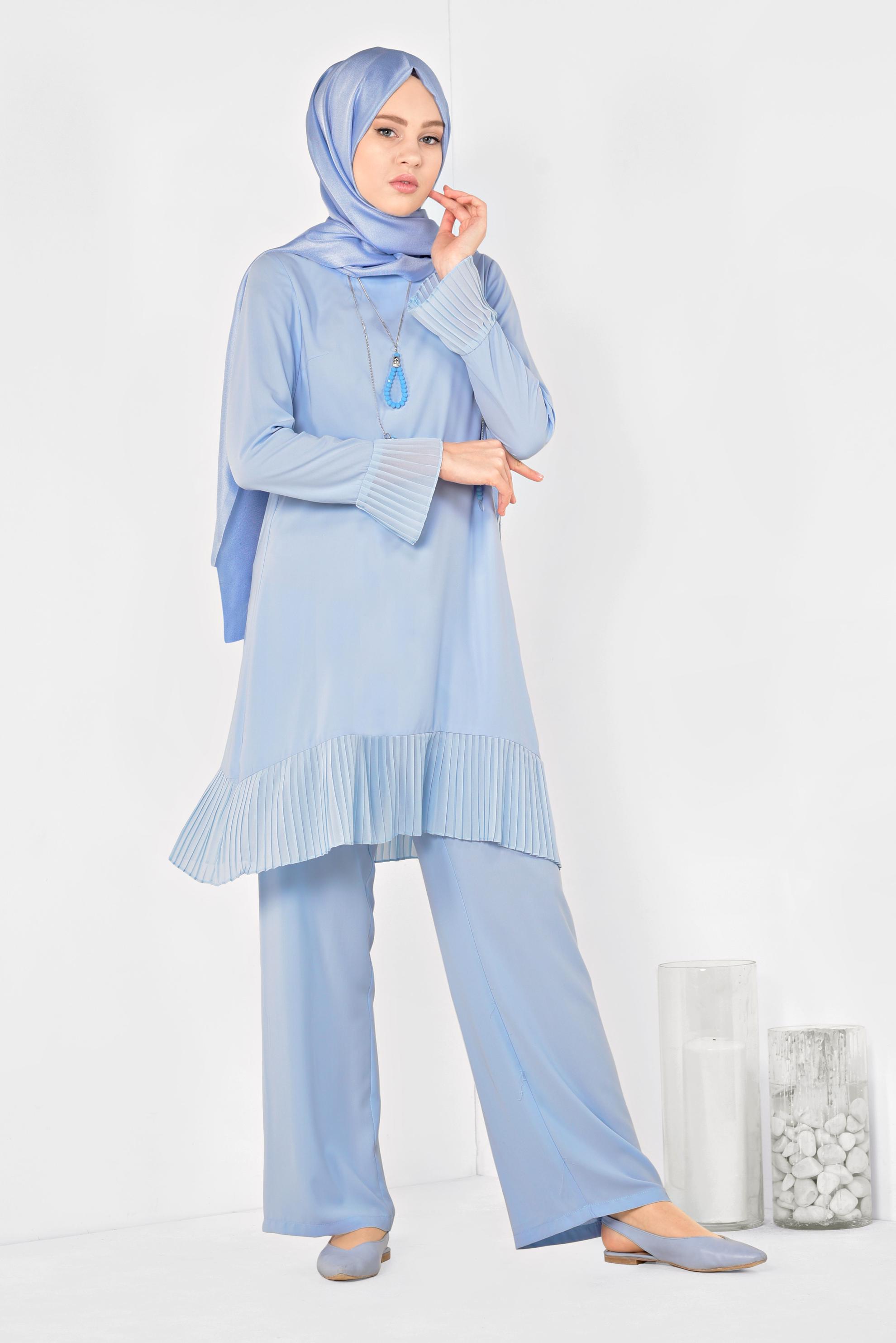 Tesettür giyim MAVİ PİLİSE DETAYLI İKİLİ PANTOLONLU TAKIM 4920