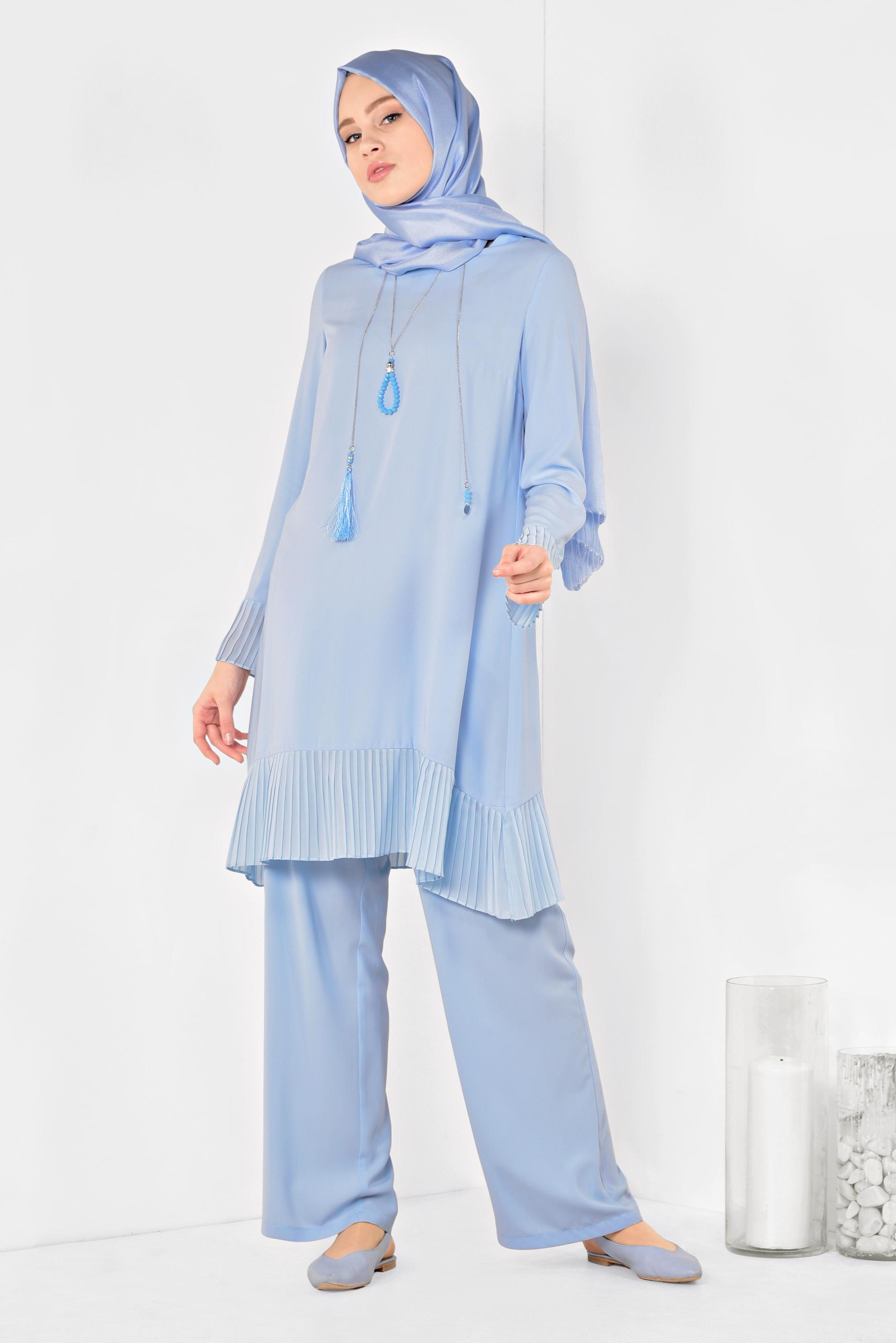 Tesettür giyim MAVİ PİLİSE DETAYLI İKİLİ PANTOLONLU TAKIM 4920