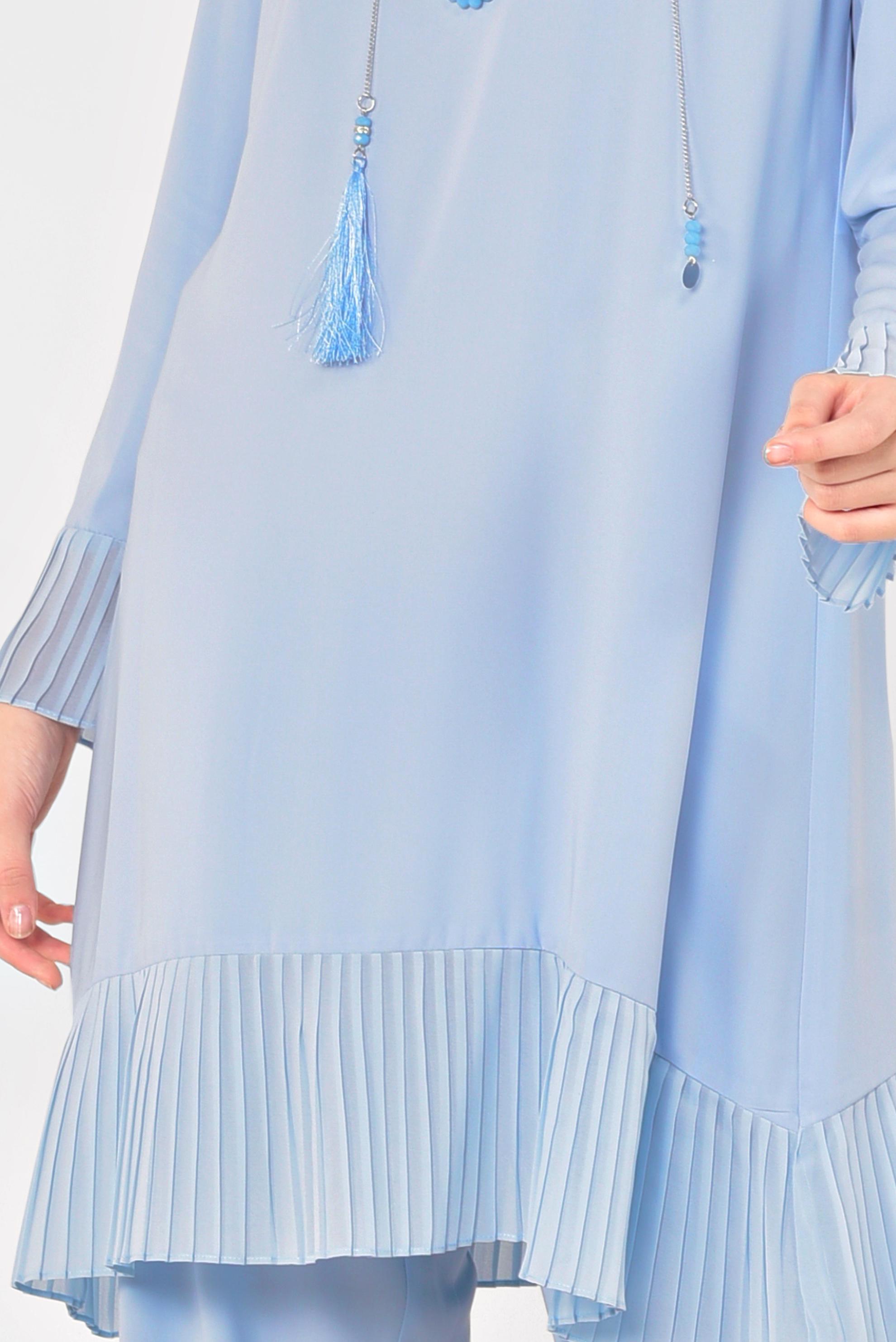 Tesettür giyim MAVİ PİLİSE DETAYLI İKİLİ PANTOLONLU TAKIM 4920