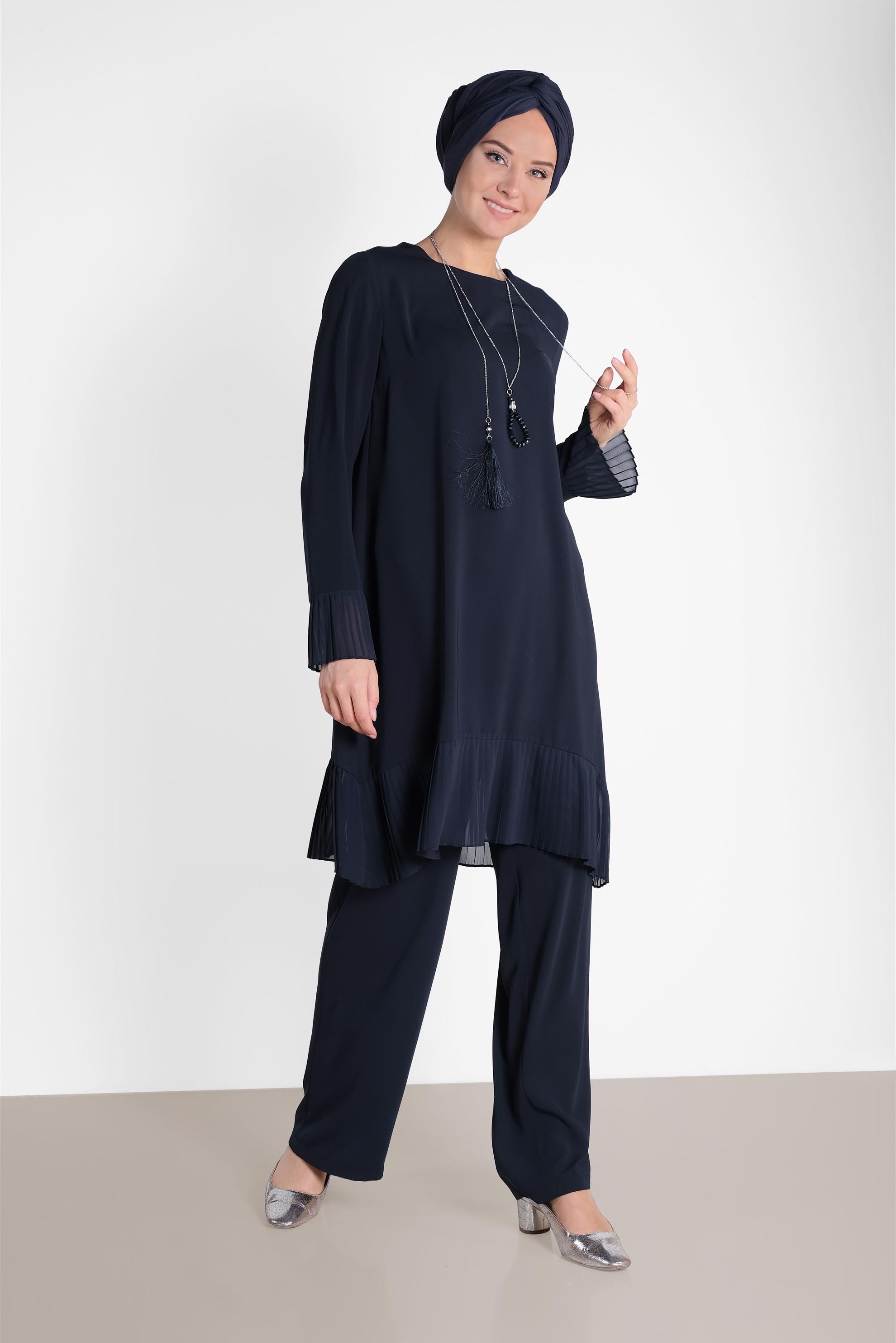 Tesettür giyim LACİVERT PİLİSE DETAYLI İKİLİ PANTOLONLU TAKIM 4920