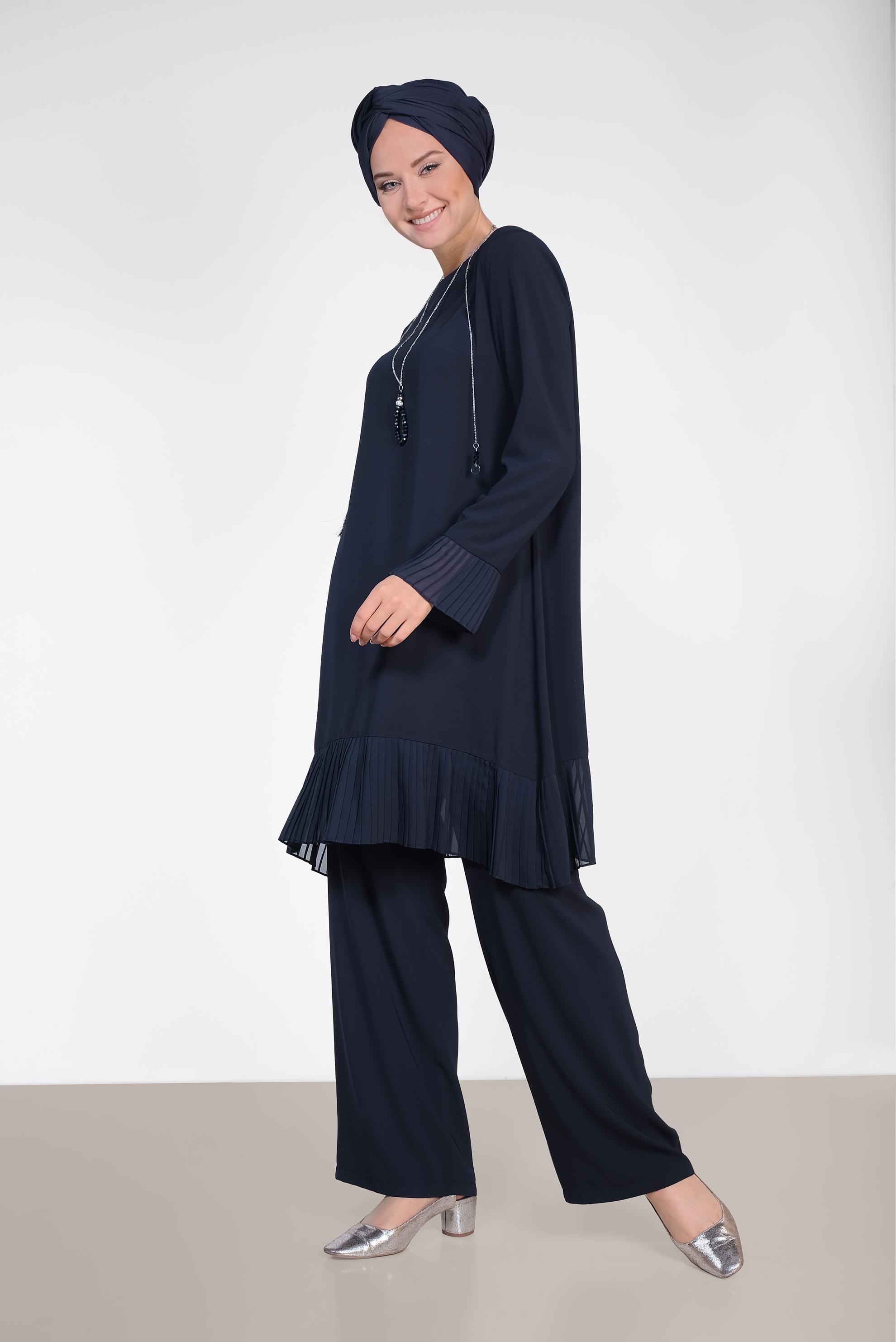 Tesettür giyim LACİVERT PİLİSE DETAYLI İKİLİ PANTOLONLU TAKIM 4920