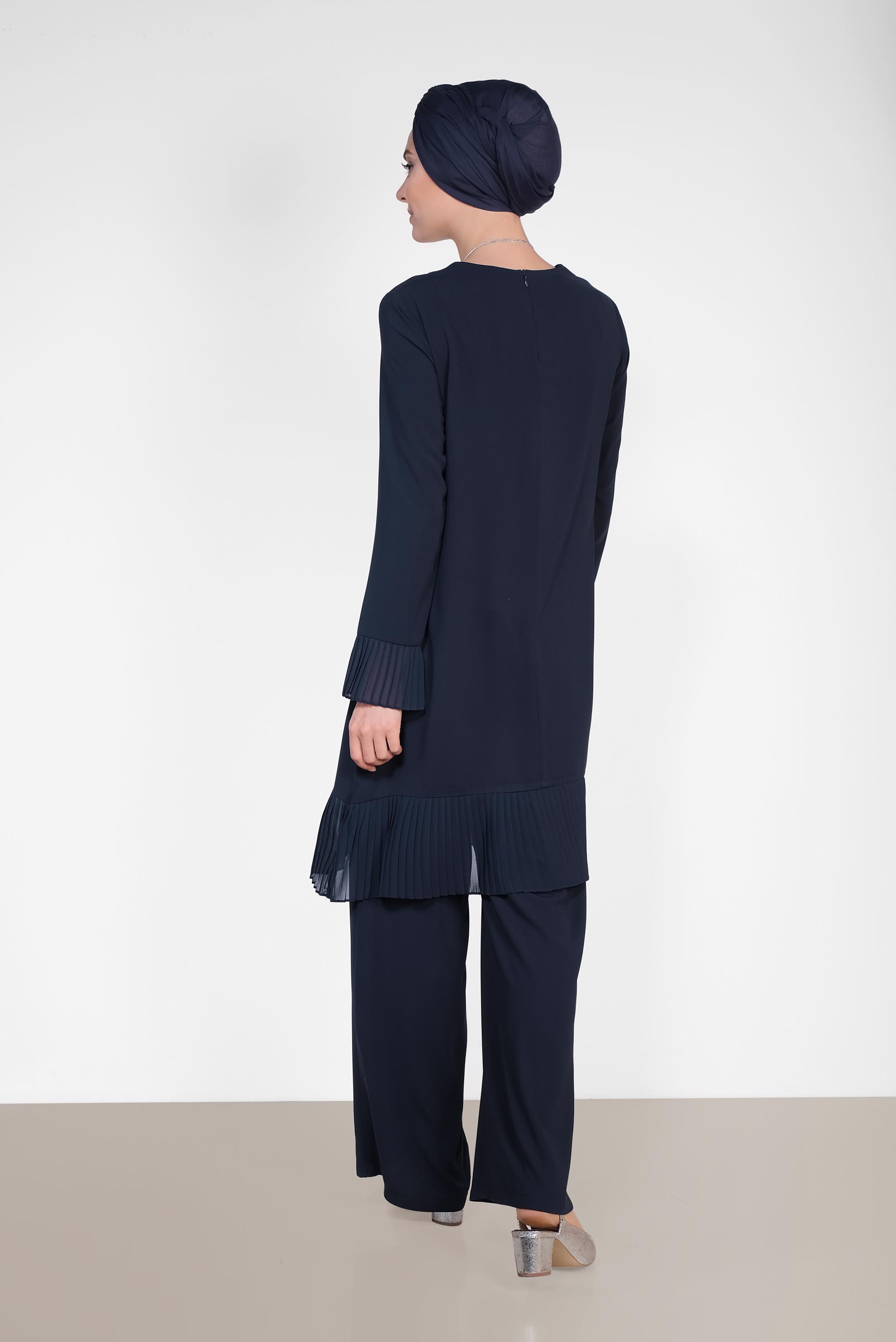Tesettür giyim LACİVERT PİLİSE DETAYLI İKİLİ PANTOLONLU TAKIM 4920