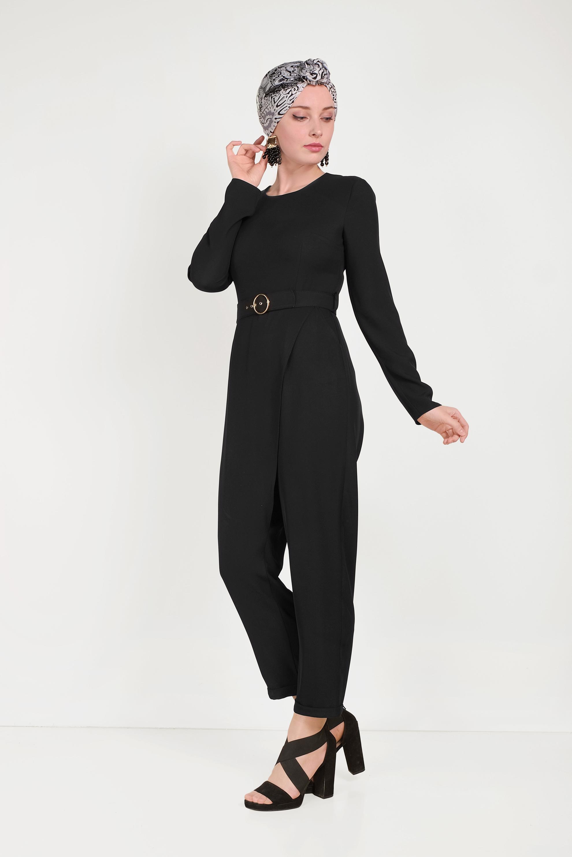 Hijab clothing BLACK ZIPPERED BELTED OVERALLS 40506 