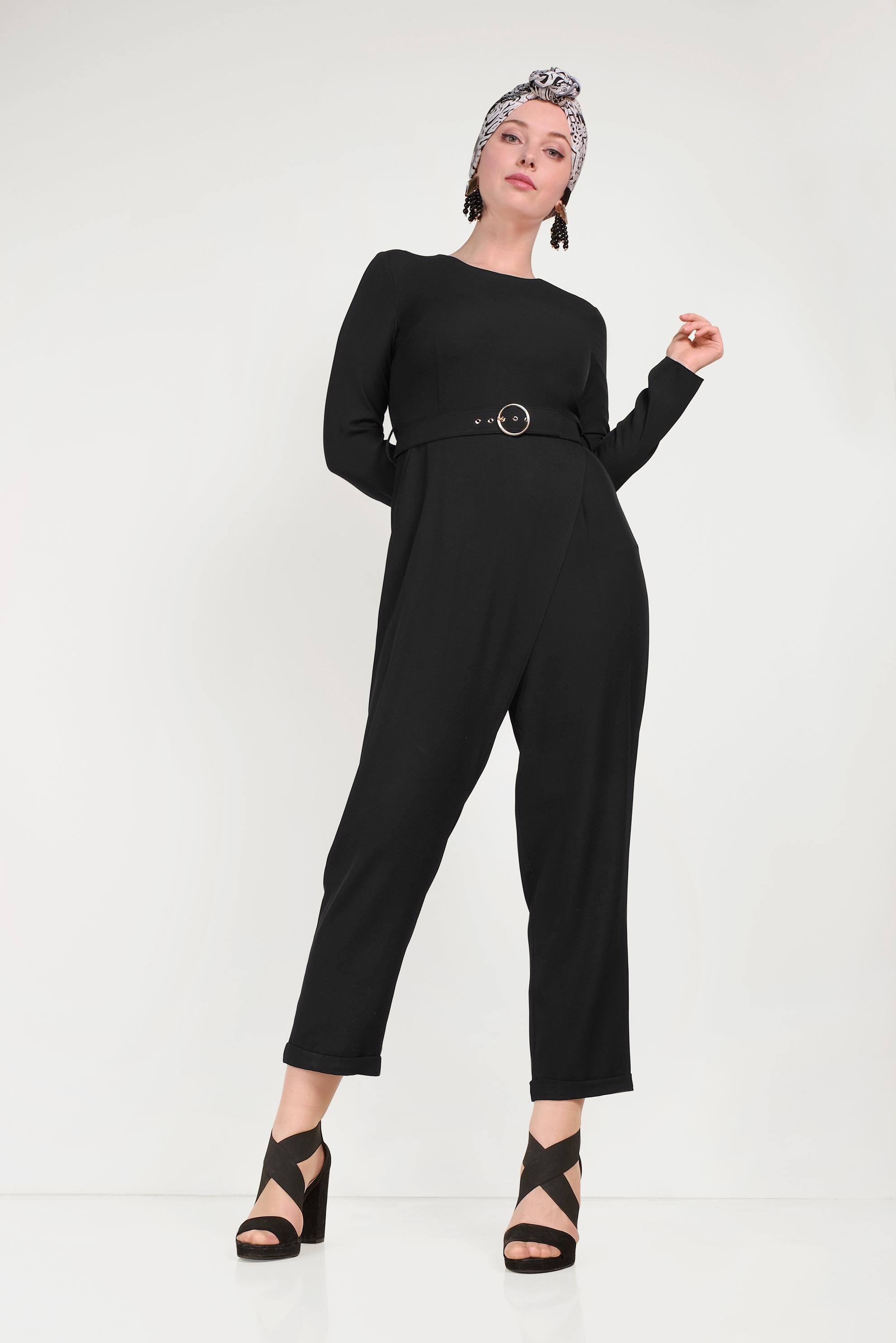 Hijab clothing BLACK ZIPPERED BELTED OVERALLS 40506 
