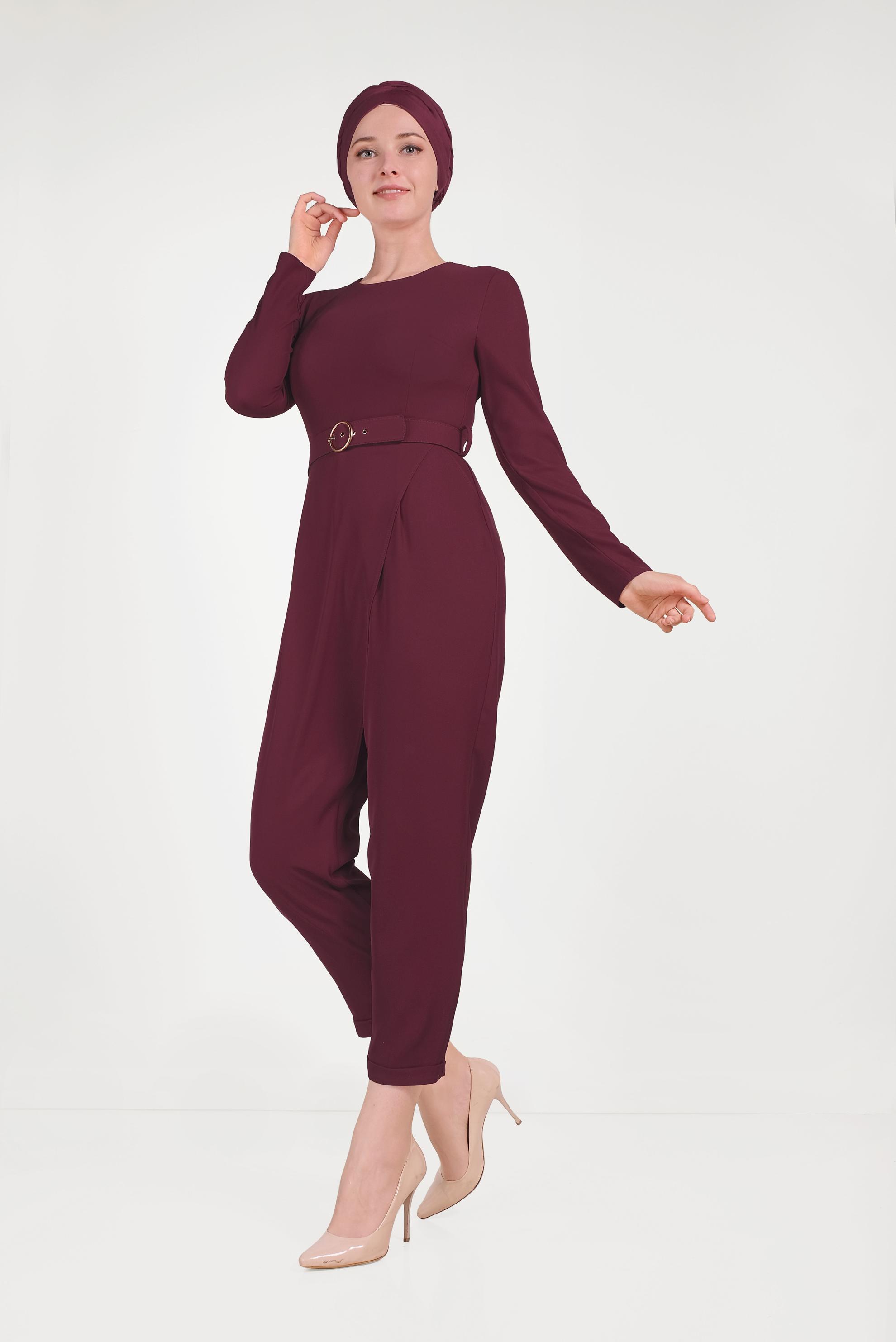 Vêtements hijab ROUGE BORDEAUX SALOPETTE AVEC CEINTURE À FERMETURE ÉCLAIR 40506