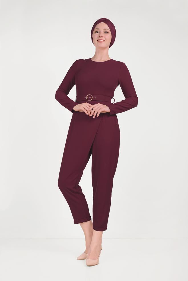 Tesettür giyim BORDO YANDAN FERMUARLI KEMERLİ TULUM 40506 - ALVİNA