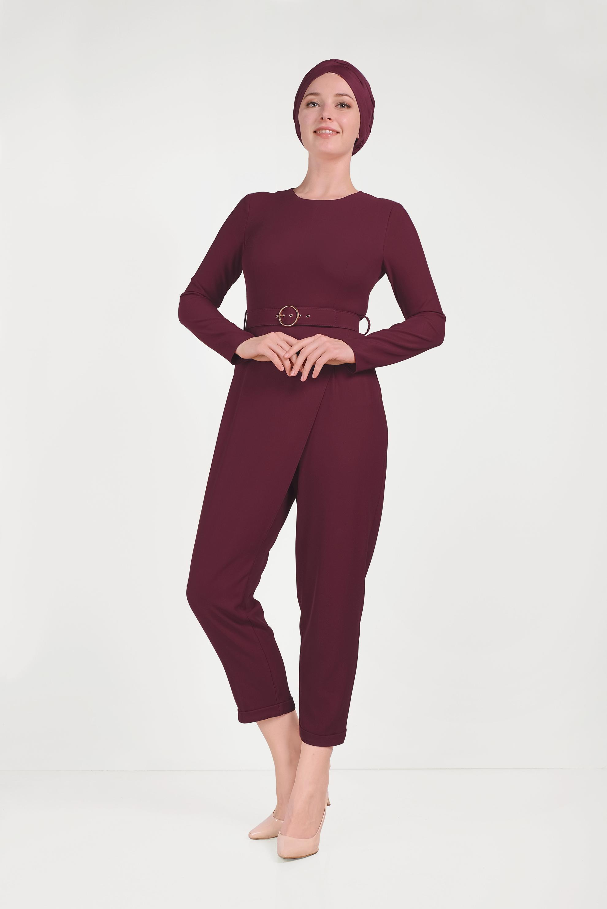 Vêtements hijab ROUGE BORDEAUX SALOPETTE AVEC CEINTURE À FERMETURE ÉCLAIR 40506
