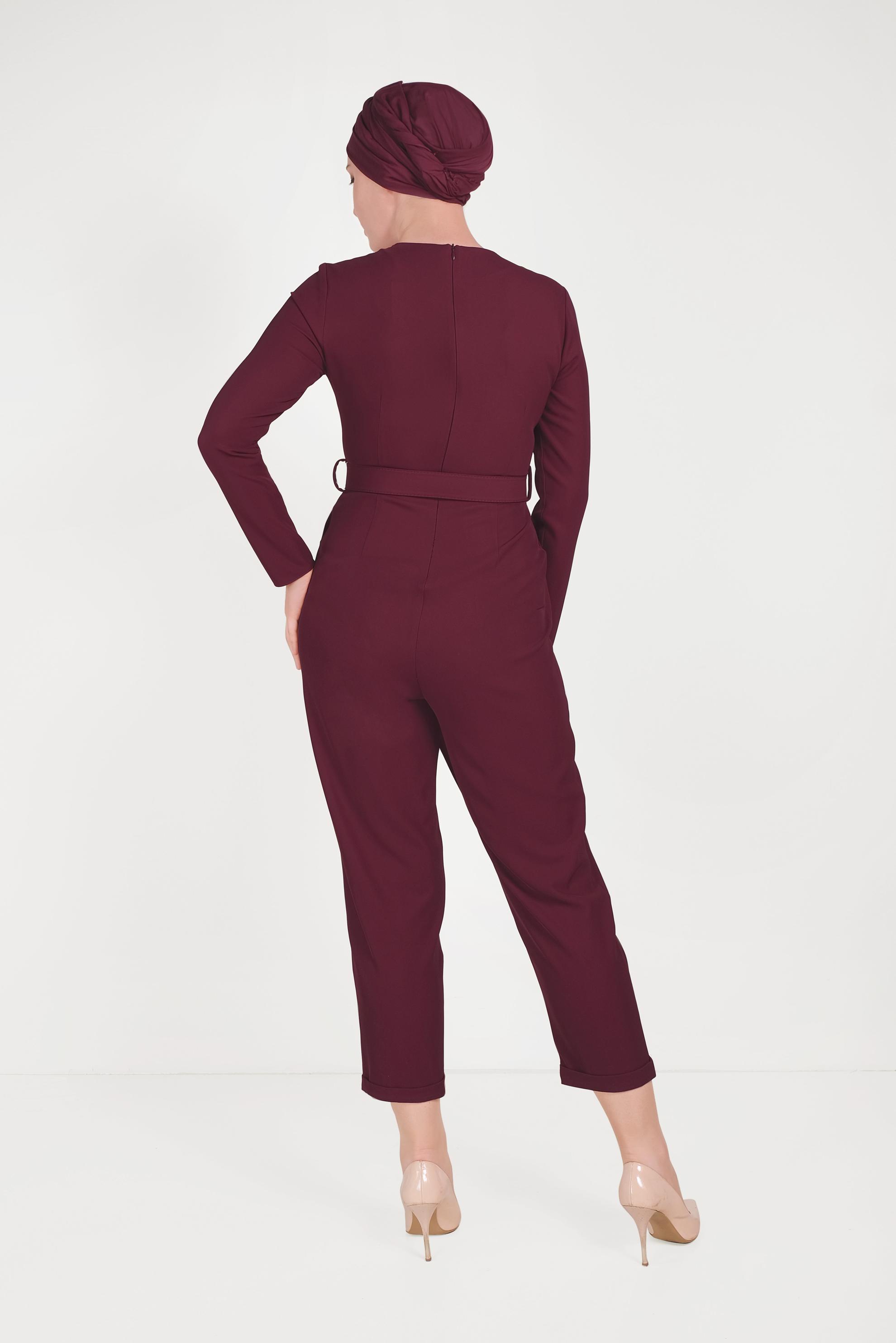 Vêtements hijab ROUGE BORDEAUX SALOPETTE AVEC CEINTURE À FERMETURE ÉCLAIR 40506