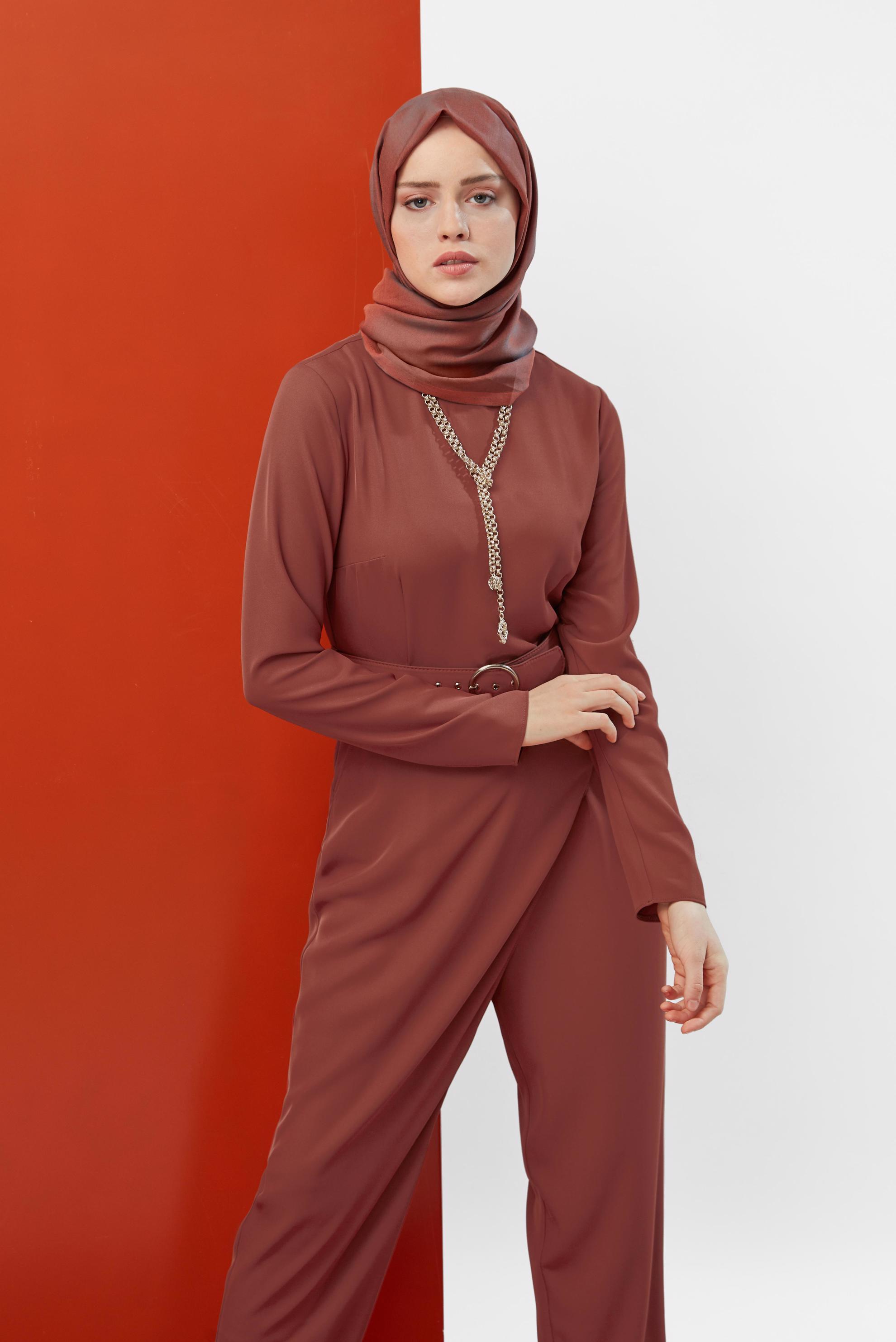 Tesettür giyim TURUNCU YANDAN FERMUARLI KEMERLİ TULUM 40506