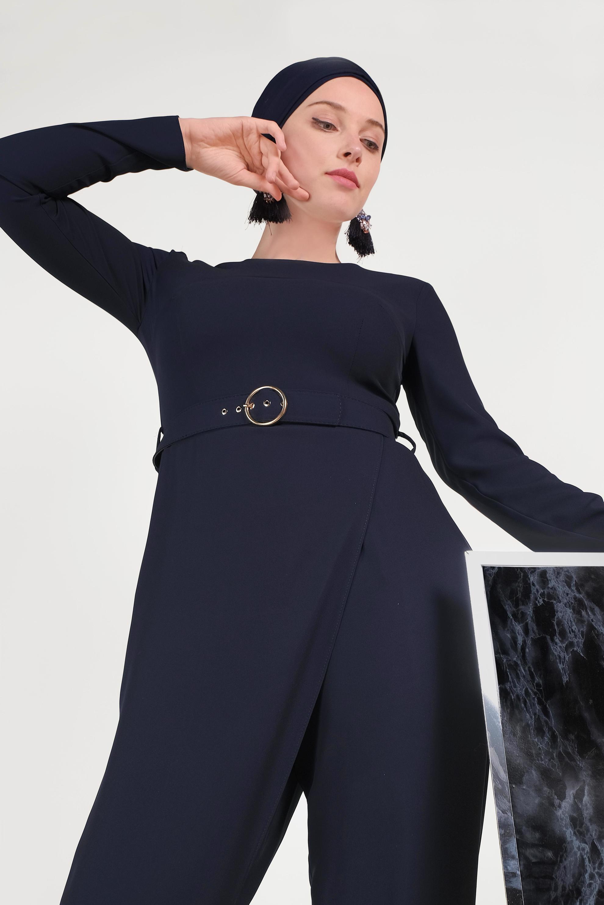 Hijab clothing NAVY BLUE ZIPPERED BELTED OVERALLS 40506 