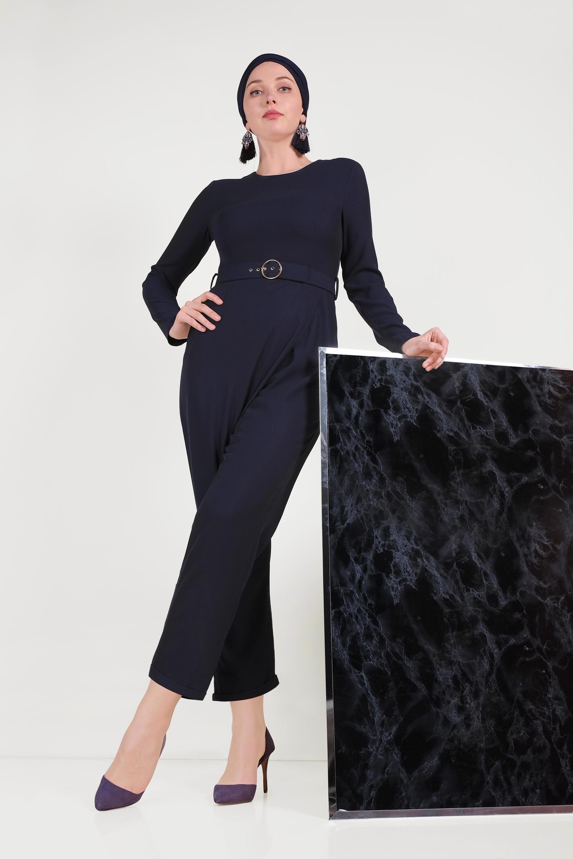 Hijab clothing NAVY BLUE ZIPPERED BELTED OVERALLS 40506 