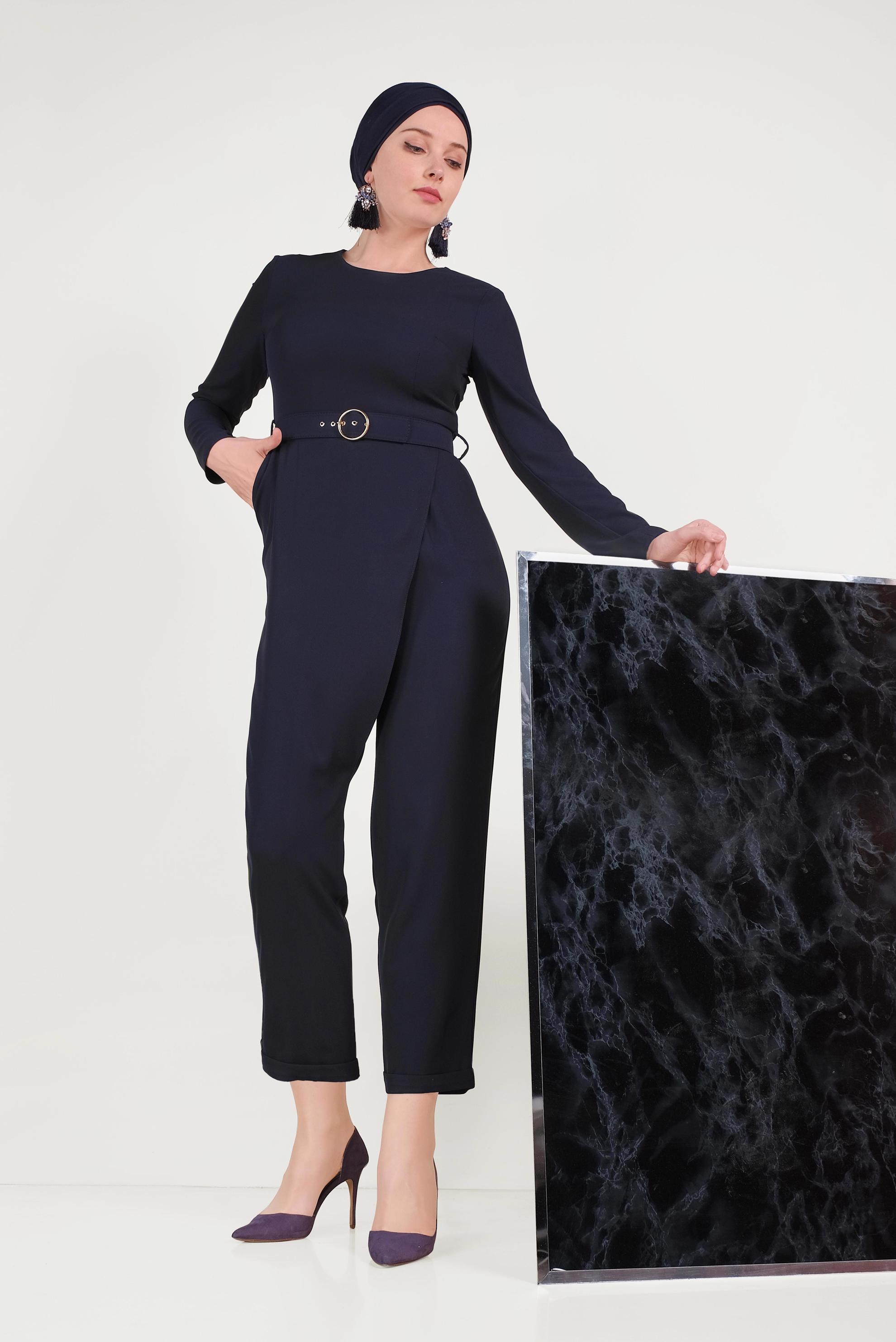 Hijab clothing NAVY BLUE ZIPPERED BELTED OVERALLS 40506 