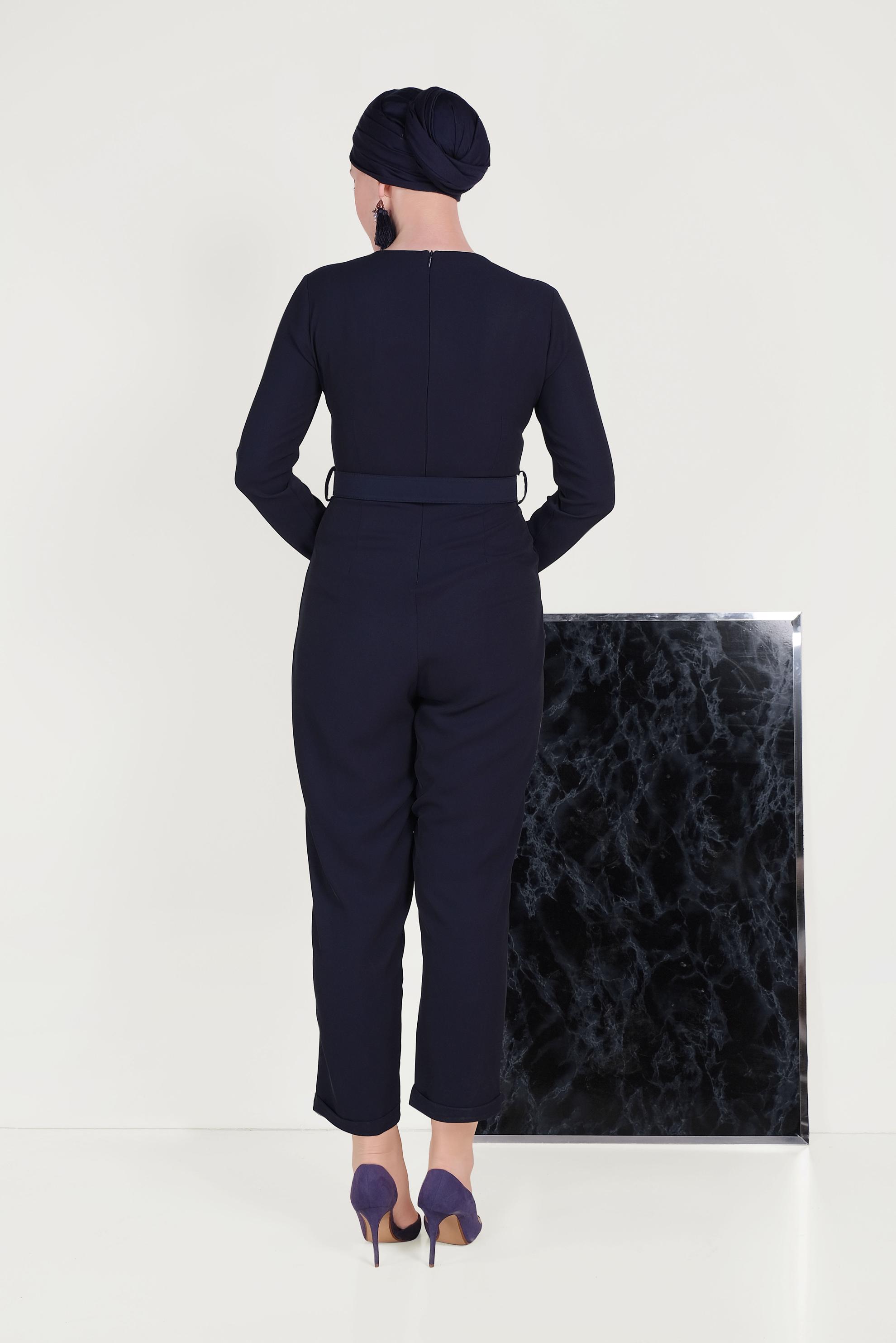 Hijab clothing NAVY BLUE ZIPPERED BELTED OVERALLS 40506 
