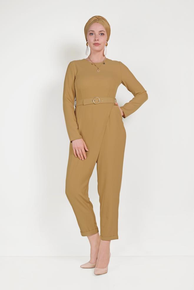 Tesettür giyim SARI YANDAN FERMUARLI KEMERLİ TULUM 40506 - ALVİNA