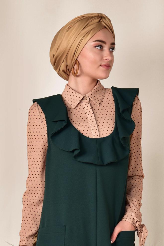 Tesettür giyim YEŞİL VOLAN DETAYLI CEPLİ TULUM 4118 - ALVİNA