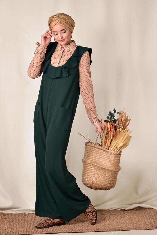 Tesettür giyim YEŞİL VOLAN DETAYLI CEPLİ TULUM 4118 - ALVİNA