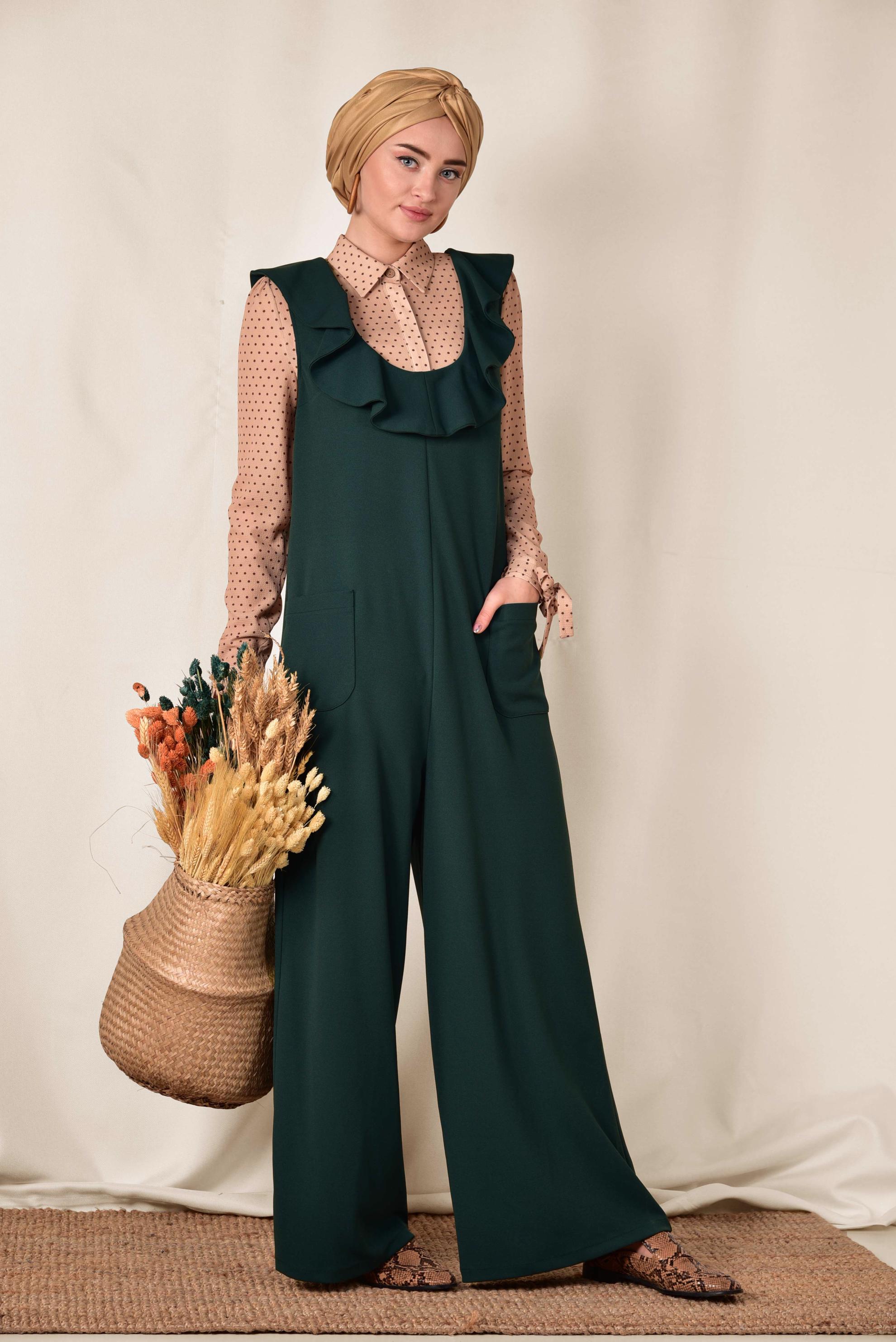 Tesettür giyim YEŞİL VOLAN DETAYLI CEPLİ TULUM 4118