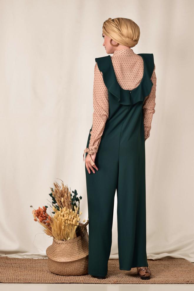 Tesettür giyim YEŞİL VOLAN DETAYLI CEPLİ TULUM 4118 - ALVİNA