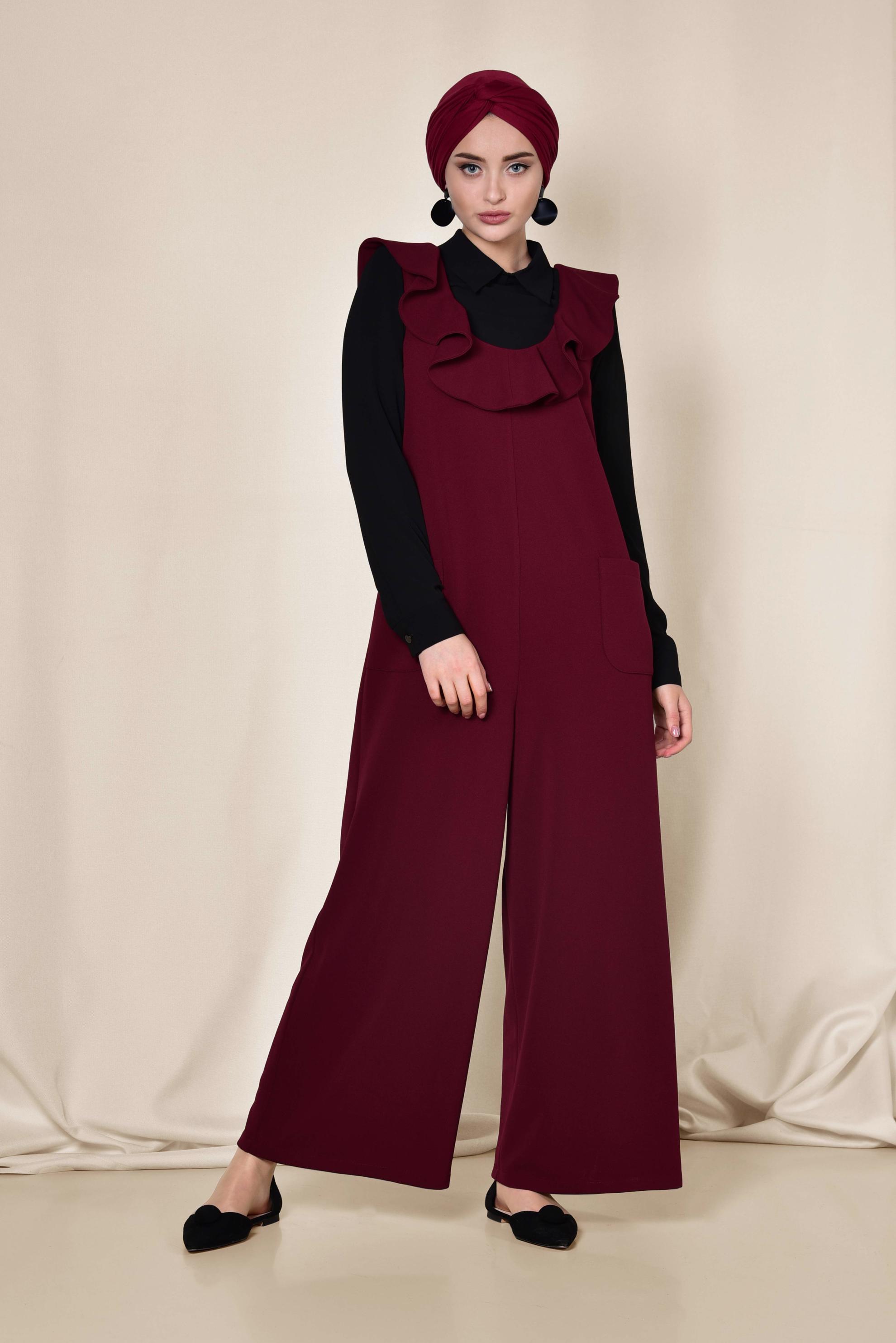 Vêtements hijab ROUGE BORDEAUX SALOPETTE À VOLANTS AVEC POCHE 4118
