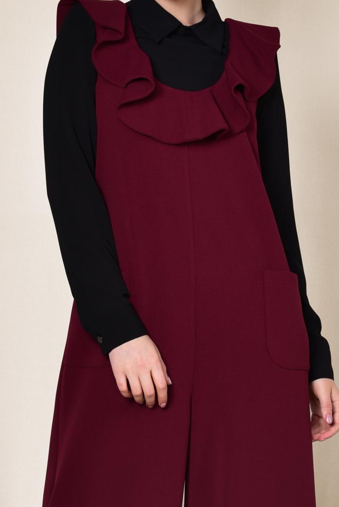 Tesettür giyim BORDO VOLAN DETAYLI CEPLİ TULUM 4118 - ALVİNA