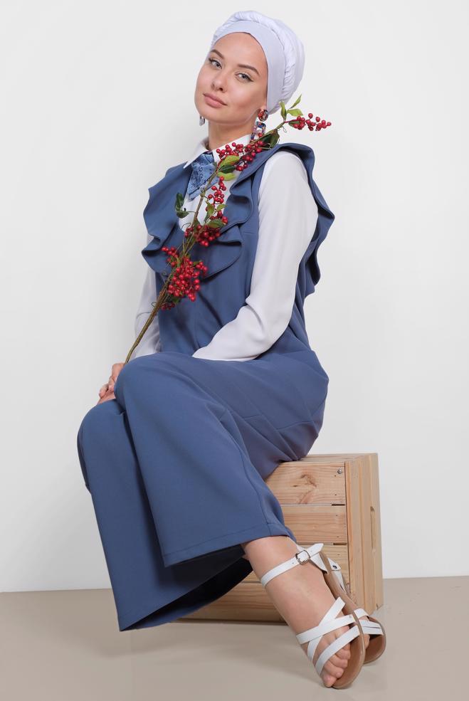 Tesettür giyim LACİVERT VOLAN DETAYLI CEPLİ TULUM 4118 - ALVİNA