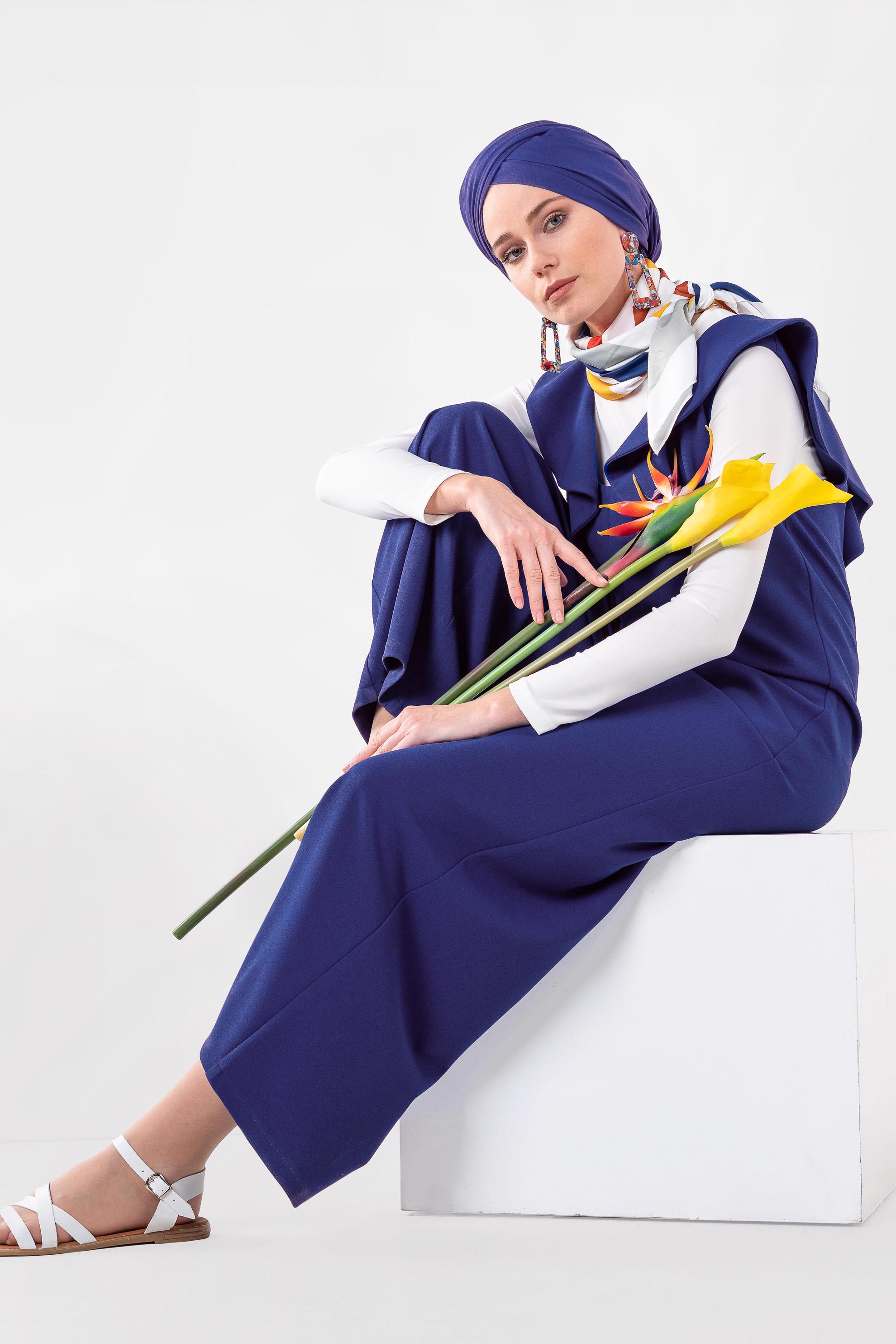 Tesettür giyim MAVİ VOLAN DETAYLI CEPLİ TULUM 4118