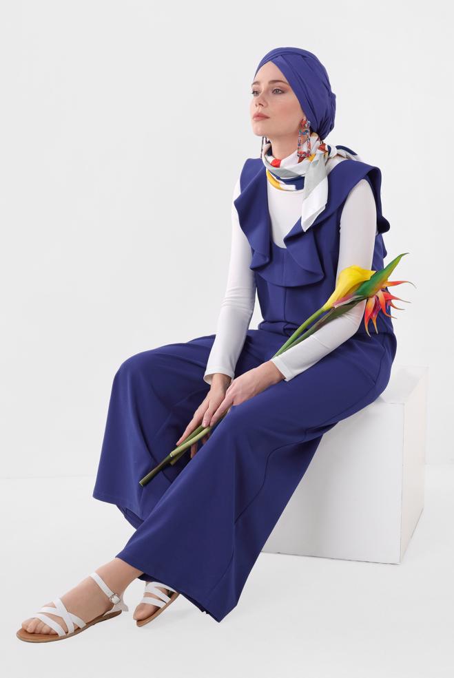 Tesettür giyim MAVİ VOLAN DETAYLI CEPLİ TULUM 4118 - ALVİNA