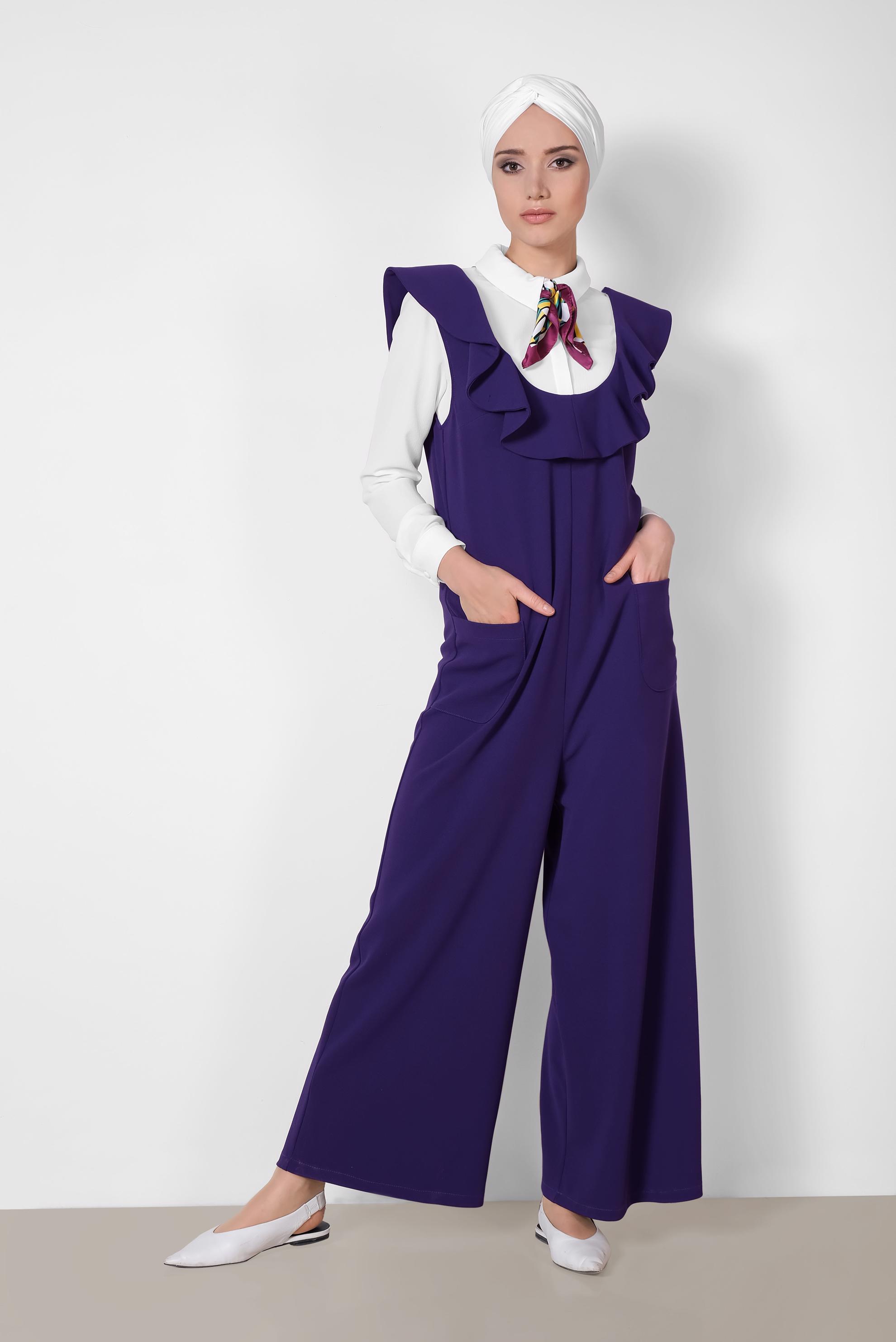 Tesettür giyim MOR VOLAN DETAYLI CEPLİ TULUM 4118