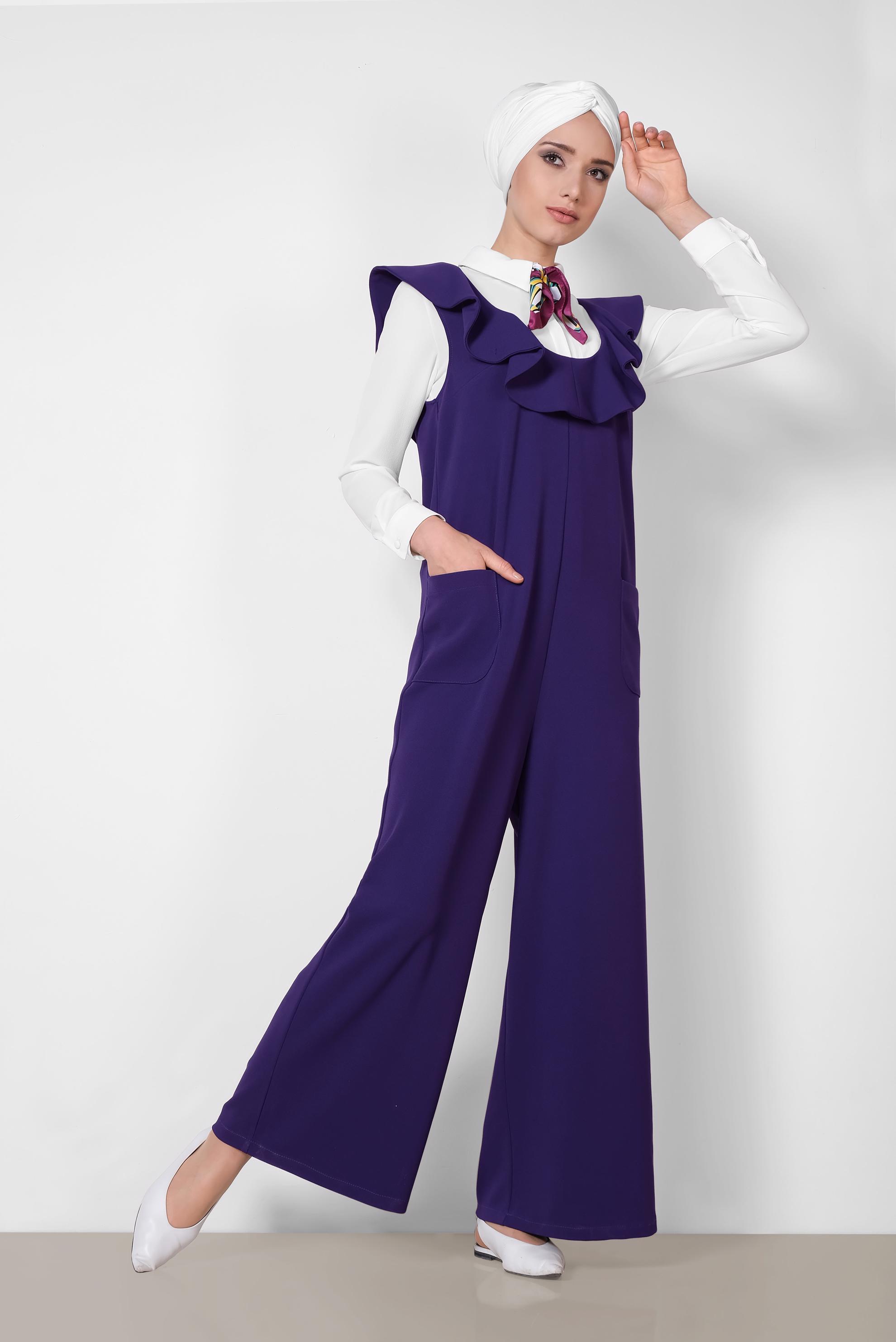 Tesettür giyim MOR VOLAN DETAYLI CEPLİ TULUM 4118