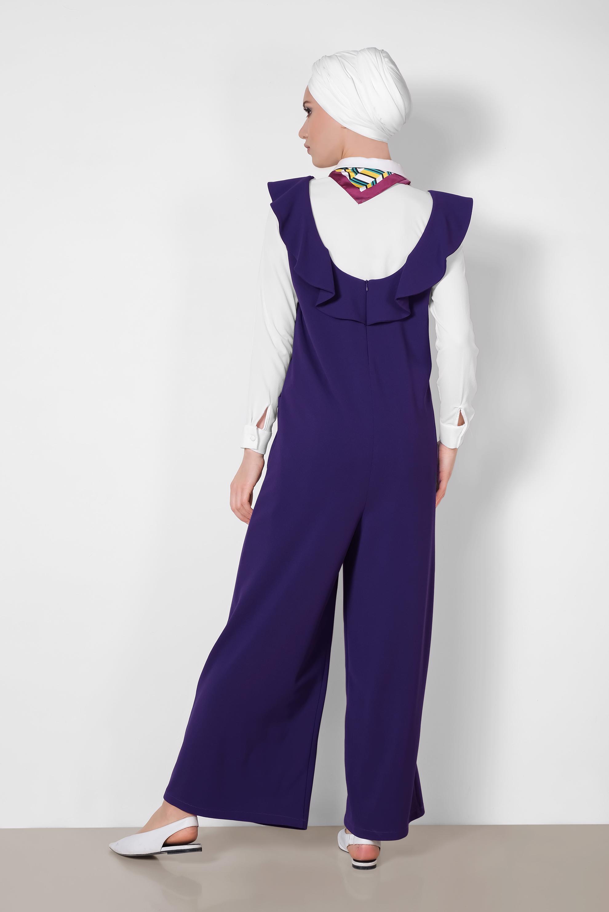 Tesettür giyim MOR VOLAN DETAYLI CEPLİ TULUM 4118