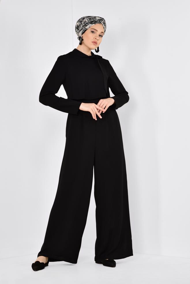 Vêtements hijab NOIR COMBINAISON DÉTAILLÉE COL ÉCHARPE 4260 - ALVİNA