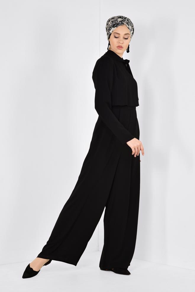 Vêtements hijab NOIR COMBINAISON DÉTAILLÉE COL ÉCHARPE 4260 - ALVİNA