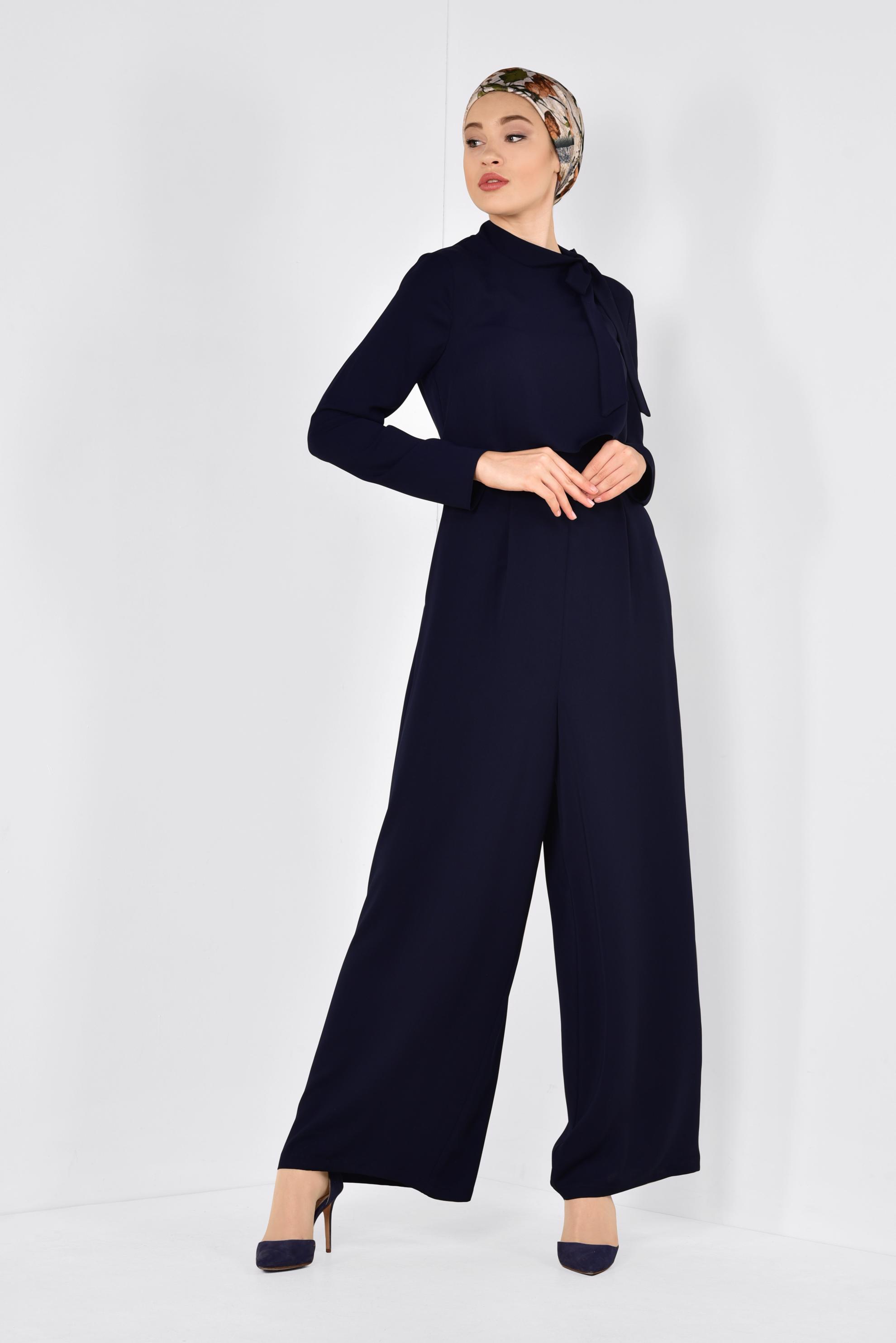 Tesettür giyim LACİVERT YAKASI FULAR DETAYLI TULUM 4260