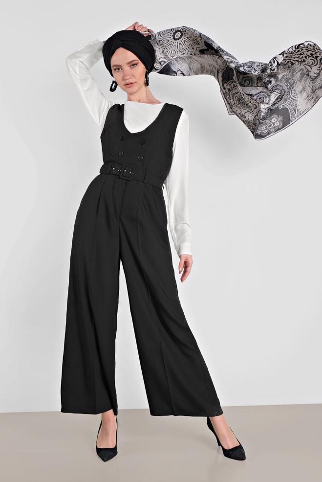 Tesettür giyim SİYAH KRUVAZE DÜĞMELİ CEPLİ TULUM 4479 - ALVİNA