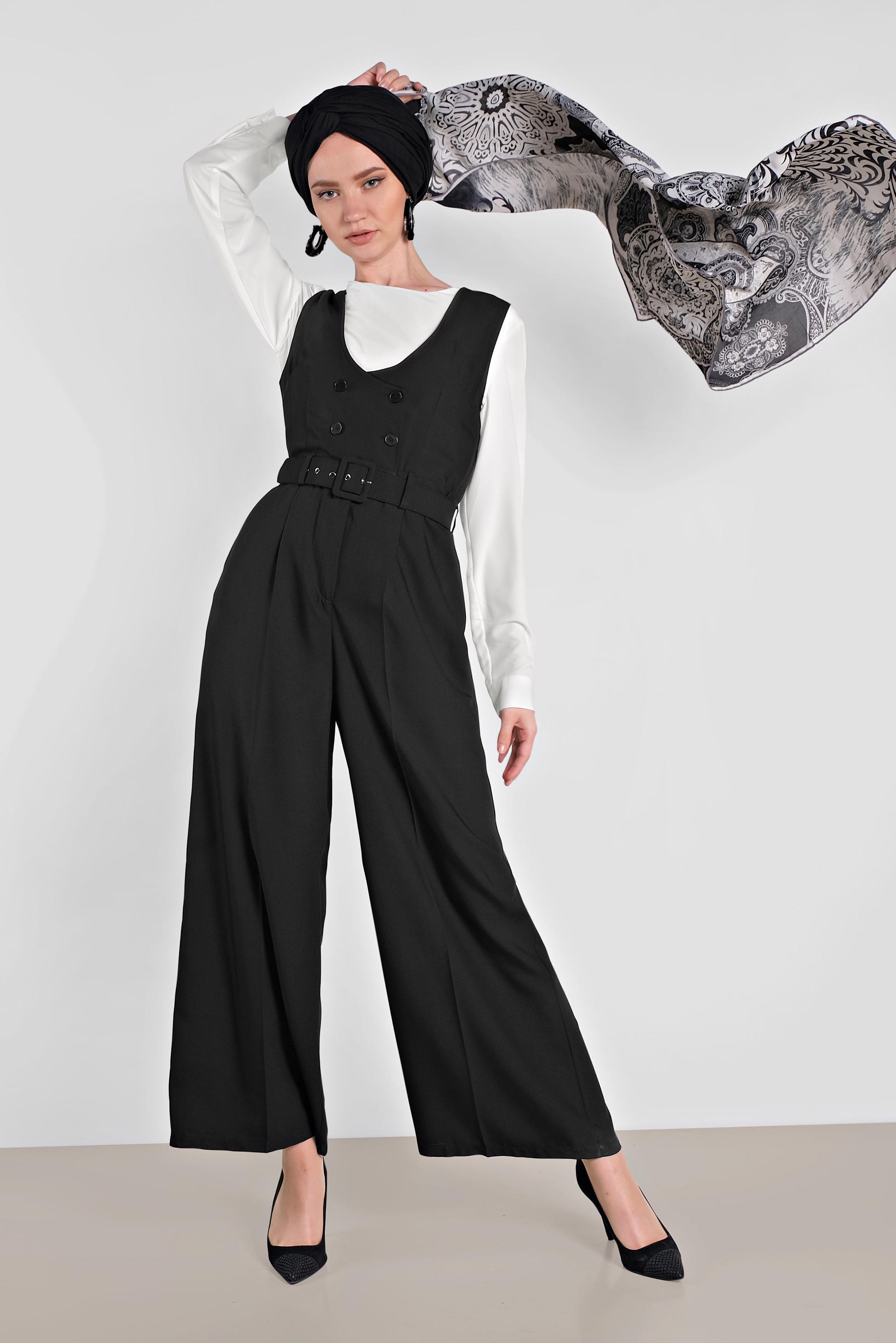 Tesettür giyim SİYAH KRUVAZE DÜĞMELİ CEPLİ TULUM 4479