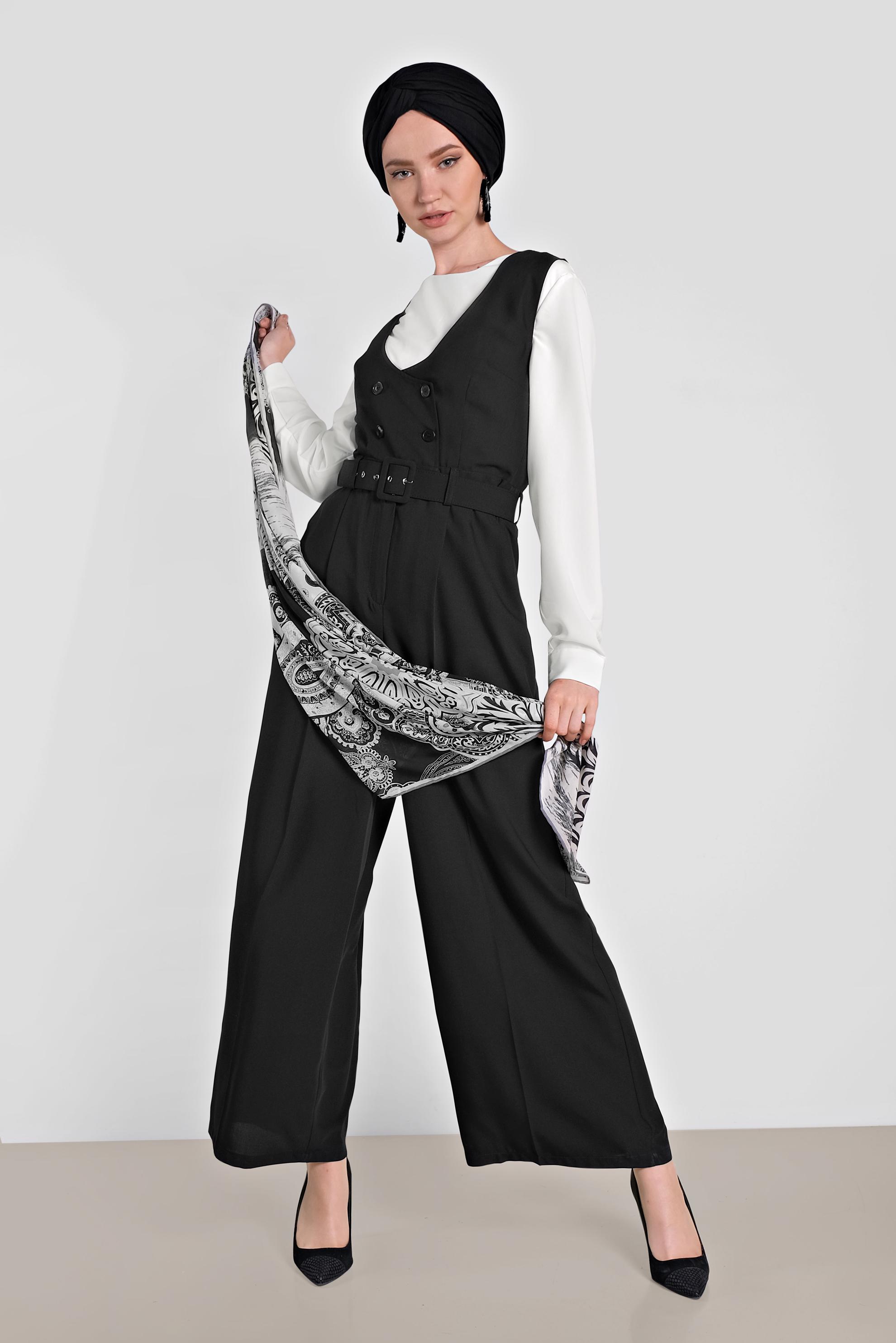 Tesettür giyim SİYAH KRUVAZE DÜĞMELİ CEPLİ TULUM 4479