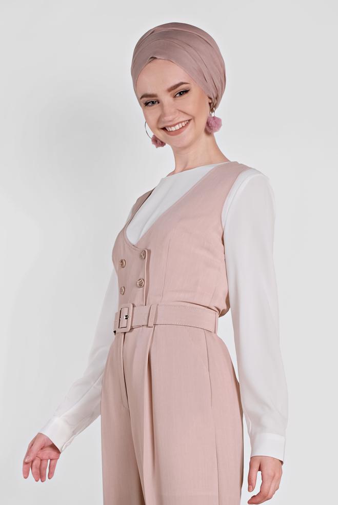 Tesettür giyim PUDRA KRUVAZE DÜĞMELİ CEPLİ TULUM 4479 - ALVİNA