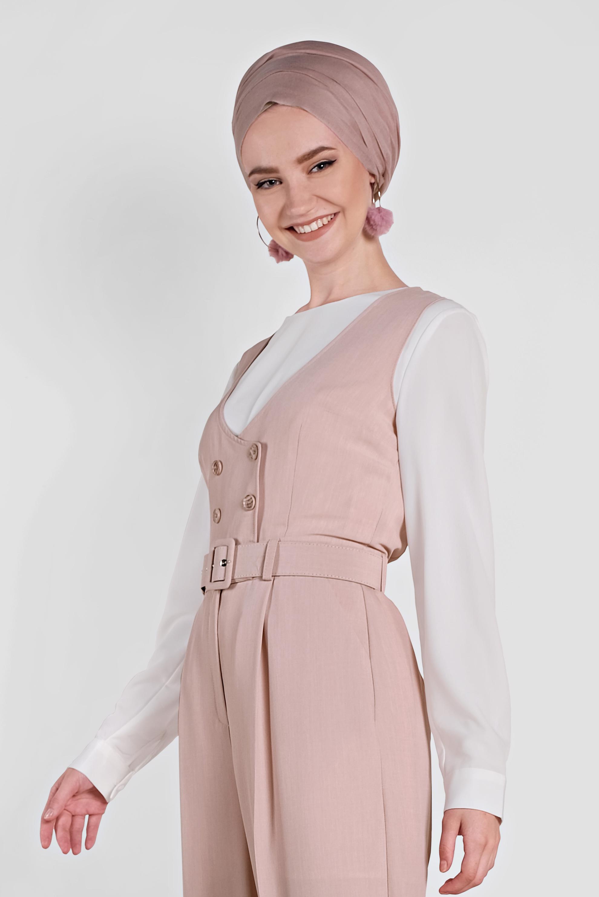 Tesettür giyim PUDRA KRUVAZE DÜĞMELİ CEPLİ TULUM 4479