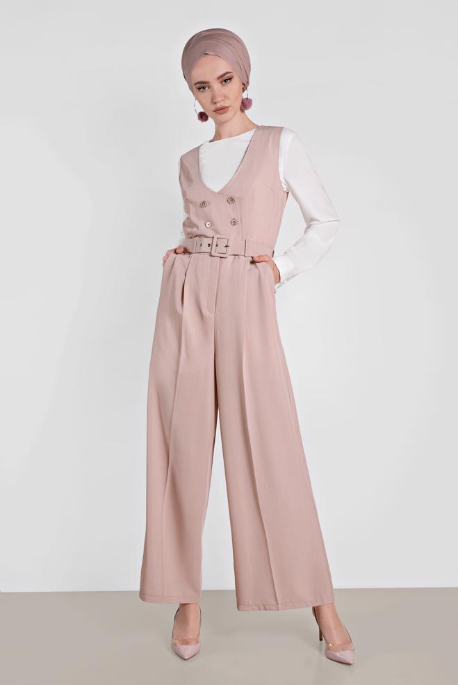 Tesettür giyim PUDRA KRUVAZE DÜĞMELİ CEPLİ TULUM 4479 - ALVİNA