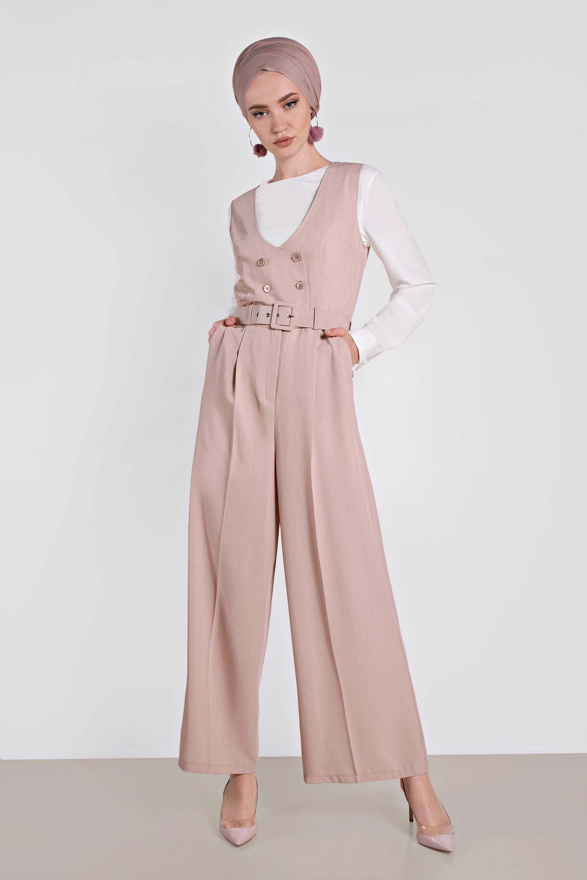 Tesettür giyim PUDRA KRUVAZE DÜĞMELİ CEPLİ TULUM 4479