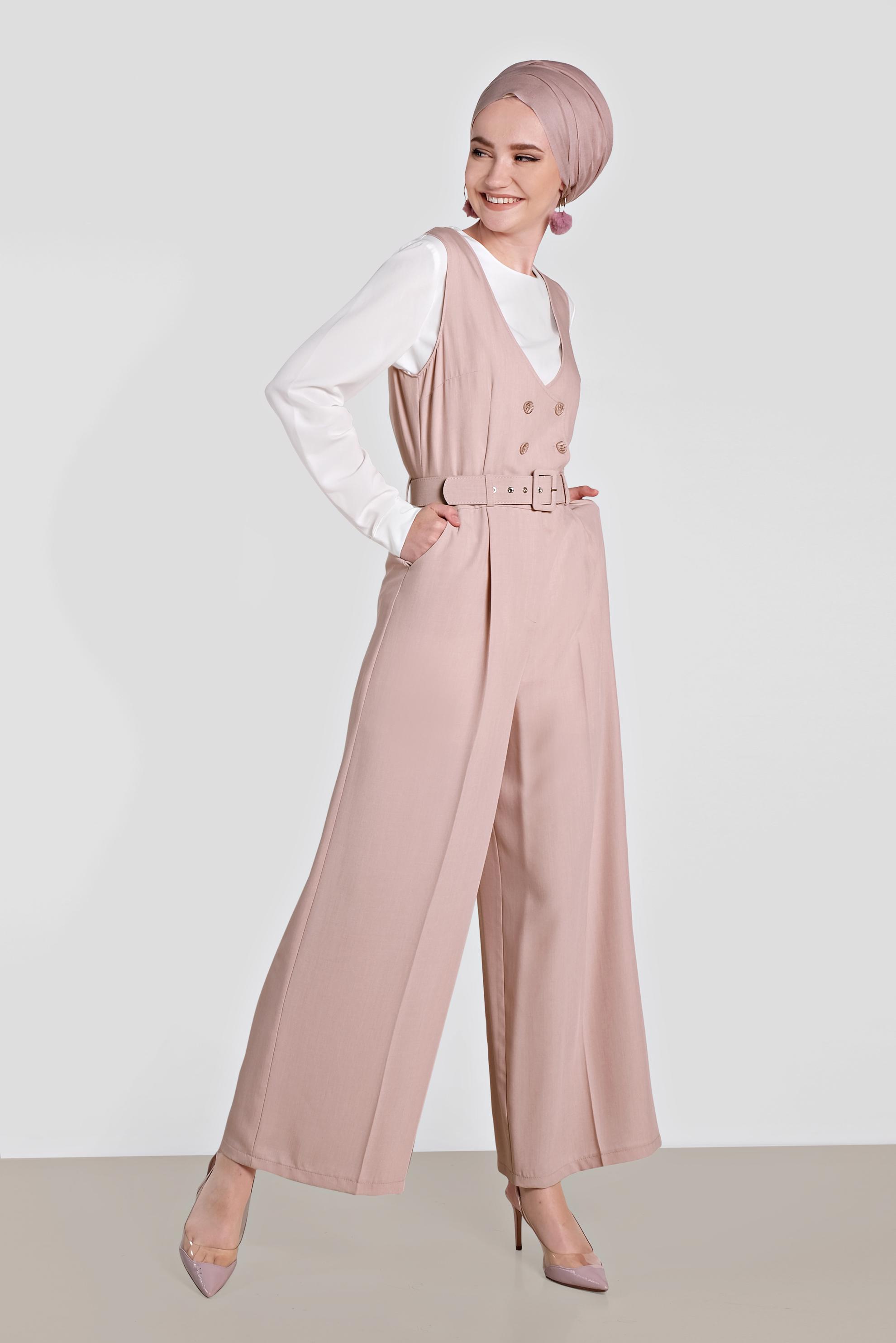 Tesettür giyim PUDRA KRUVAZE DÜĞMELİ CEPLİ TULUM 4479